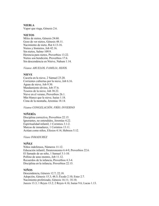 NIEBLA
Vapor que riega, Génesis 2.6.
NIETOS
Miles de nietos, Génesis 24.60.
Gozo de ver nietos, Génesis 48.11.
Nacimiento de nieto, Rut 4.13-16.
Nietos y bisnietos, Job 42.16.
Sin nietos, Salmo 109.9.
Herencia para nietos, Proverbios 13.22.
Nietos son bendición, Proverbios 17.6.
Sin descendencia en Nínive, Nahum 1.14.
Véanse ABUELOS, FAMILIA, HIJOS.
NIEVE
Cacería en la nieve, 2 Samuel 23.20.
Corrientes cubiertas por la nieve, Job 6.16.
Aguas de nieve, Job 9.30.
Mandamiento divino, Job 37.6.
Tesoros de la nieve, Job 38.22.
Nieve en el verano, Proverbios 26.1.
Más blanco que la nieve, Isaías 1.18.
Cima de la montaña, Jeremías 18.14.
Véanse CONGELACIÓN, FRÍO, INVIERNO
NIÑERÍA
Disciplina correctiva, Proverbios 22.15.
Ignorantes, no entendidos, Jeremías 4.22.
Espiritualidad infantil, 1 Corintios 3.1-2.
Marcas de inmadurez, 1 Corintios 13.11.
Actúan como niños, Efesios 4.14; Hebreos 5.12.
Véase INMADUREZ
NIÑEZ
Niños indefensos, Números 11.12.
Educación infantil, Deuteronomio 6.4-9; Proverbios 22.6.
El llamado de un niño, 1 Samuel 3.1-10.
Pollino de asno montes, Job 11.12.
Recuerdos de la infancia, Proverbios 4.3-4.
Disciplina en la infancia, Proverbios 22.15.
NIÑOS
Descendencia, Génesis 12.7; 22.18.
Adopción, Génesis 15.3; 48.5; Éxodo 2.10; Ester 2.7.
Nacimiento profetizado, Génesis 16.11; 18.10;
Jueces 13.3; 1 Reyes 13.2; 2 Reyes 4.16; Isaías 9.6; Lucas 1.13.
 