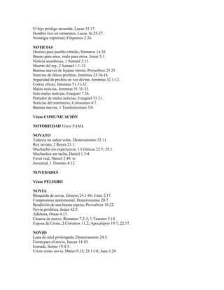 El hijo pródigo recuerda, Lucas 15.17.
Hombre rico en tormentos, Lucas 16.25-27.
Nostalgia espiritual, Filipenses 2.26.
NOTICIAS
Destino para pueblo rebelde, Números 14.35.
Bueno para unos, malo para otros, Josué 5.1.
Noticia asombrosa, 1 Samuel 3.11.
Muerte del rey, 2 Samuel 1.1-12.
Buenas nuevas de lejanas tierras, Proverbios 25.25.
Noticias de falsos profetas, Jeremías 23.16-18.
Seguridad de profeta en voz divina, Jeremías 32.1-12.
Correo eficaz, Jeremías 51.31-32.
Malas noticias, Jeremías 51.31-32.
Solo malas noticias, Ezequiel 7.26.
Portador de malas noticias, Ezequiel 33.21.
Noticias del ministerio, Colosenses 4.7.
Buenas nuevas, 1 Tesalonicenses 3.6.
Véase COMUNICACIÓN
NOTORIEDAD Véase FAMA.
NOVATO
Todavía no saben volar, Deuteronomio 32.11.
Rey novato, 2 Reyes 21.1.
Muchacho sin experiencia, 1 Crónicas 22.5; 29.1.
Muchachos sin tacha, Daniel 1.3-4.
Favor real, Daniel 2.49. m
Juventud, 1 Timoteo 4.12.
NOVEDADES
Véase PELIGRO
NOVIA
Búsqueda de novia, Génesis 24.1-66; Ester 2.17.
Compromiso matrimonial, Deuteronomio 20.7.
Bendición de una buena esposa, Proverbios 18.22.
Novia profética, Isaías 62.5.
Adúltera, Oseas 4.13.
Casarse de nuevo, Romanos 7.2-3; 1 Timoteo 5.14.
Esposa de Cristo, 2 Corintios 11.2; Apocalipsis 19.7; 22.17.
NOVIO
Luna de miel prolongada, Deuteronomio 24.5.
Fiesta para el novio, Jueces 14.10.
Entrada, Salmo 19.4-5.
Cristo como novio, Mateo 9.15; 25.1-10; Juan 3.29.
 