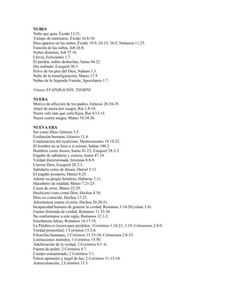 NUBES
Nube que guía, Éxodo 13.21.
Tiempo de murmurar, Éxodo 16.8-10.
Dios aparece en las nubes, Éxodo 19.9; 24.15; 34.5; Números 11.25.
Función de las nubes, Job 26.8.
Nubes distintas, Job 37.16.
Lluvia, Eclesiastés 1.7.
El perdón, nubes deshechas, Isaías 44.22.
Día nublado, Ezequiel 30.3.
Polvo de los pies del Dios, Nahum 1.3.
Nube de la transfiguración, Mateo 17.5.
Nubes de la Segunda Venida, Apocalipsis 1.7.
Véanse EVAPORACIÓN, TIEMPO.
NUERA
Motivo de aflicción de los padres, Génesis 26.34-35.
Amor de nuera por suegra, Rut 1.8-18.
Nuera vale más que siete hijos, Rut 4.13-15.
Nuera contra suegra, Mateo 10.34-36.
NUEVA ERA
Ser como Dios, Génesis 3.5.
Exaltación humana, Génesis 11.4.
Condenación del ocultismo, Deuteronomio 18.19-22.
El hombre no se hizo a sí mismo, Salmo 100.3.
Hombres como dioses, Isaías 41.23; Ezequiel 28.2-3.
Engaño de sabiduría y ciencia, Isaías 47.10.
Verdad distorsionada, Jeremías 8.8-9.
Creerse Dios, Ezequiel 28.2-3.
Sabiduría como de dioses, Daniel 5.11.
El engaño prospera, Daniel 8.25.
Adorar su propia fortaleza, Habacuc 1.11.
Hacedores de maldad, Mateo 7.21-23.
Causa de error, Mateo 22.29.
Hechicero visto como Dios, Hechos 8.10.
Dios no conocido, Hechos 17.23.
Advertencia contra el error, Hechos 20.28-31.
Incapacidad humana de generar la verdad, Romanos 3.10-20 (véase 3.4).
Fuente ilimitada de verdad, Romanos 11.33-36.
No conformarse a este siglo, Romanos 12.1-2.
Enseñanzas falsas, Romanos 16.17-18.
La Palabra es locura para perdidos, 1Corintios 1.18-21; 3.19; Colosenses 2.8-9.
Verdad primordial, 1 Corintios 15.3-4.
Filosofías humanas, 1 Corintios 15.33-34; Colosenses 2.8-15.
Limitaciones mortales, 1 Corintios 15.50.
Adulteración de la verdad, 2 Corintios 4.1 -6.
Fuente de poder, 2 Corintios 4.7.
Cuerpo contaminado, 2 Corintios 7.1.
Falsos apóstoles y ángel de luz, 2 Corintios 11.13-14.
Autoevaluación, 2 Corintios 13.5.
 