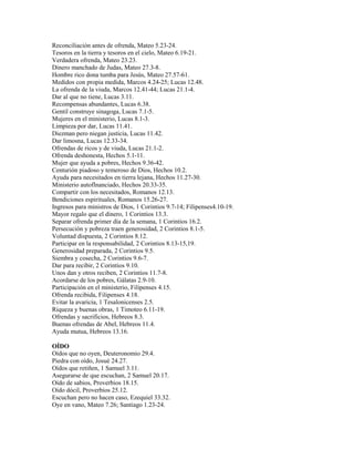 Reconciliación antes de ofrenda, Mateo 5.23-24.
Tesoros en la tierra y tesoros en el cielo, Mateo 6.19-21.
Verdadera ofrenda, Mateo 23.23.
Dinero manchado de Judas, Mateo 27.3-8.
Hombre rico dona tumba para Jesús, Mateo 27.57-61.
Medidos con propia medida, Marcos 4.24-25; Lucas 12.48.
La ofrenda de la viuda, Marcos 12.41-44; Lucas 21.1-4.
Dar al que no tiene, Lucas 3.11.
Recompensas abundantes, Lucas 6.38.
Gentil construye sinagoga, Lucas 7.1-5.
Mujeres en el ministerio, Lucas 8.1-3.
Limpieza por dar, Lucas 11.41.
Diezman pero niegan justicia, Lucas 11.42.
Dar limosna, Lucas 12.33-34.
Ofrendas de ricos y de viuda, Lucas 21.1-2.
Ofrenda deshonesta, Hechos 5.1-11.
Mujer que ayuda a pobres, Hechos 9.36-42.
Centurión piadoso y temeroso de Dios, Hechos 10.2.
Ayuda para necesitados en tierra lejana, Hechos 11.27-30.
Ministerio autoflnanciado, Hechos 20.33-35.
Compartir con los necesitados, Romanos 12.13.
Bendiciones espirituales, Romanos 15.26-27.
Ingresos para ministros de Dios, 1 Corintios 9.7-14; Filipenses4.10-19.
Mayor regalo que el dinero, 1 Corintios 13.3.
Separar ofrenda primer día de la semana, 1 Corintios 16.2.
Persecución y pobreza traen generosidad, 2 Corintios 8.1-5.
Voluntad dispuesta, 2 Corintios 8.12.
Participar en la responsabilidad, 2 Corintios 8.13-15,19.
Generosidad preparada, 2 Corintios 9.5.
Siembra y cosecha, 2 Corintios 9.6-7.
Dar para recibir, 2 Corintios 9.10.
Unos dan y otros reciben, 2 Corintios 11.7-8.
Acordarse de los pobres, Gálatas 2.9-10.
Participación en el ministerio, Filipenses 4.15.
Ofrenda recibida, Filipenses 4.18.
Evitar la avaricia, 1 Tesalonicenses 2.5.
Riqueza y buenas obras, 1 Timoteo 6.11-19.
Ofrendas y sacrificios, Hebreos 8.3.
Buenas ofrendas de Abel, Hebreos 11.4.
Ayuda mutua, Hebreos 13.16.
OÍDO
Oídos que no oyen, Deuteronomio 29.4.
Piedra con oído, Josué 24.27.
Oídos que retiñen, 1 Samuel 3.11.
Asegurarse de que escuchan, 2 Samuel 20.17.
Oído de sabios, Proverbios 18.15.
Oído dócil, Proverbios 25.12.
Escuchan pero no hacen caso, Ezequiel 33.32.
Oye en vano, Mateo 7.26; Santiago 1.23-24.
 