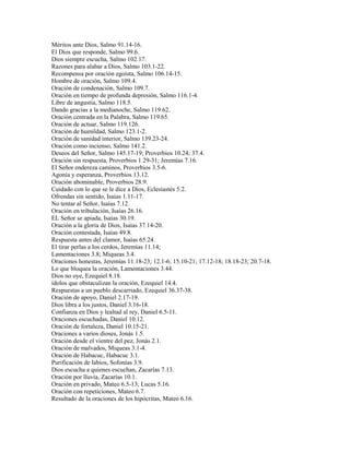 Méritos ante Dios, Salmo 91.14-16.
El Dios que responde, Salmo 99.6.
Dios siempre escucha, Salmo 102.17.
Razones para alabar a Dios, Salmo 103.1-22.
Recompensa por oración egoísta, Salmo 106.14-15.
Hombre de oración, Salmo 109.4.
Oración de condenación, Salmo 109.7.
Oración en tiempo de profunda depresión, Salmo 116.1-4.
Libre de angustia, Salmo 118.5.
Dando gracias a la medianoche, Salmo 119.62.
Oración centrada en la Palabra, Salmo 119.65.
Oración de actuar, Salmo 119.126.
Oración de humildad, Salmo 123.1-2.
Oración de sanidad interior, Salmo 139.23-24.
Oración como incienso, Salmo 141.2.
Deseos del Señor, Salmo 145.17-19; Proverbios 10.24; 37.4.
Oración sin respuesta, Proverbios 1.29-31; Jeremías 7.16.
El Señor endereza caminos, Proverbios 3.5-6.
Agonía y esperanza, Proverbios 13.12.
Oración abominable, Proverbios 28.9.
Cuidado con lo que se le dice a Dios, Eclesiastés 5.2.
Ofrendas sin sentido, Isaías 1.11-17.
No tentar al Señor, Isaías 7.12.
Oración en tribulación, Isaías 26.16.
EL Señor se apiada, Isaías 30.19.
Oración a la gloria de Dios, Isaías 37.14-20.
Oración contestada, Isaías 49.8.
Respuesta antes del clamor, Isaías 65.24.
El tirar perlas a los cerdos, Jeremías 11.14;
Lamentaciones 3.8; Miqueas 3.4.
Oraciones honestas, Jeremías 11.18-23; 12.1-6; 15.10-21; 17.12-18; 18.18-23; 20.7-18.
Lo que bloquea la oración, Lamentaciones 3.44.
Dios no oye, Ezequiel 8.18.
ídolos que obstaculizan la oración, Ezequiel 14.4.
Respuestas a un pueblo descarriado, Ezequiel 36.37-38.
Oración de apoyo, Daniel 2.17-19.
Dios libra a los justos, Daniel 3.16-18.
Confianza en Dios y lealtad al rey, Daniel 6.5-11.
Oraciones escuchadas, Daniel 10.12.
Oración de fortaleza, Daniel 10.15-21.
Oraciones a varios dioses, Jonás 1.5.
Oración desde el vientre del pez, Jonás 2.1.
Oración de malvados, Miqueas 3.1-4.
Oración de Habacuc, Habacuc 3.1.
Purificación de labios, Sofonías 3.9.
Dios escucha a quienes escuchan, Zacarías 7.13.
Oración por lluvia, Zacarías 10.1.
Oración en privado, Mateo 6.5-13; Lucas 5.16.
Oración con repeticiones, Mateo 6.7.
Resultado de la oraciones de los hipócritas, Mateo 6.16.
 