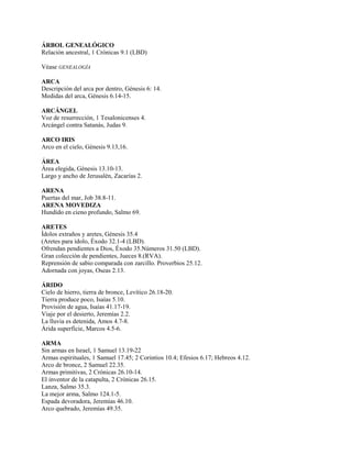 ÁRBOL GENEALÓGICO
Relación ancestral, 1 Crónicas 9.1 (LBD)
Véase GENEALOGÍA
ARCA
Descripción del arca por dentro, Génesis 6: 14.
Medidas del arca, Génesis 6.14-15.
ARCÁNGEL
Voz de resurrección, 1 Tesalonicenses 4.
Arcángel contra Satanás, Judas 9.
ARCO IRIS
Arco en el cielo, Génesis 9.13,16.
ÁREA
Área elegida, Génesis 13.10-13.
Largo y ancho de Jerusalén, Zacarías 2.
ARENA
Puertas del mar, Job 38.8-11.
ARENA MOVEDIZA
Hundido en cieno profundo, Salmo 69.
ARETES
Ídolos extraños y aretes, Génesis 35.4
(Aretes para ídolo, Éxodo 32.1-4 (LBD).
Ofrendan pendientes a Dios, Éxodo 35.Números 31.50 (LBD).
Gran colección de pendientes, Jueces 8.(RVA).
Reprensión de sabio comparada con zarcillo. Proverbios 25.12.
Adornada con joyas, Oseas 2.13.
ÁRIDO
Cielo de hierro, tierra de bronce, Levítico 26.18-20.
Tierra produce poco, Isaías 5.10.
Provisión de agua, Isaías 41.17-19.
Viaje por el desierto, Jeremías 2.2.
La lluvia es detenida, Amos 4.7-8.
Árida superficie, Marcos 4.5-6.
ARMA
Sin armas en Israel, 1 Samuel 13.19-22
Armas espirituales, 1 Samuel 17.45; 2 Corintios 10.4; Efesios 6.17; Hebreos 4.12.
Arco de bronce, 2 Samuel 22.35.
Armas primitivas, 2 Crónicas 26.10-14.
El inventor de la catapulta, 2 Crónicas 26.15.
Lanza, Salmo 35.3.
La mejor arma, Salmo 124.1-5.
Espada devoradora, Jeremías 46.10.
Arco quebrado, Jeremías 49.35.
 