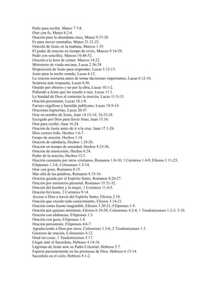 Pedir para recibir, Mateo 7.7-8.
Orar con fe, Mateo 8.2-4.
Oración para la abundante mies, Mateo 9.37-38.
Fe para mover montañas, Mateo 21.21-22.
Oración de Jesús en la mañana, Marcos 1.35.
El poder de oración en tiempo de crisis, Marcos 9.14-29.
Pedir con sencillez, Marcos 10.46-52.
Oración a la hora de comer, Marcos 14.22.
Ministerio de viuda anciana, Lucas 2.36-38.
Disposición de Jesús para responder, Lucas 5.12-13.
Jesús pasa la noche orando, Lucas 6.12.
La oración nocturna antes de tomar decisiones importantes, Lucas 6.12-16.
Sorpresa ante respuesta, Lucas 8.56.
Orando por obreros y no por la obra, Lucas 10.1-2.
Pidiendo a Jesús que les enseñe a orar, Lucas 11.1.
La bondad de Dios al contestar la oración, Lucas 11.5-13.
Oración persistente, Lucas 18.1-8.
Fariseo orgulloso y humilde publicano, Lucas 18.9-14.
Oraciones hipócritas, Lucas 20.47.
Orar en nombre de Jesús, Juan 14.13-14; 16.23-24.
Escogido por Dios para llevar fruto, Juan 15.16.
Orar para recibir, Juan 16.24.
Oración de Jesús antes de ir a la cruz, Juan 17.1-26.
Dios conoce todo, Hechos 1.6-7.
Grupo de oración, Hechos 1.14.
Oración de sabiduría, Hechos 1.24-26.
Oración en tiempo de ansiedad, Hechos 4.23-26.
Oración de intercesión, Hechos 8.24.
Poder de la oración, Hechos 12.5.
Oración constante por otros cristianos, Romanos 1.8-10; 1 Corintios 1.4-9; Efesios 1.11-23;
Filipenses 1.3-6; Colosenses 1.3-14.
Orar con gozo, Romanos 8.15.
Más allá de las palabras, Romanos 8.15-16.
Oración guiada por el Espíritu Santo, Romanos 8.26-27.
Oración por ministerio personal, Romanos 15.31-32.
Oración del hombre y la mujer, 1 Corintios 11.4-5.
Oración ferviente, 2 Corintios 9.14.
Acceso a Dios a través del Espíritu Santo, Efesios 2.18.
Oración que excede todo conocimiento, Efesios 3.14-21.
Oración como fuente inagotable, Efesios 3.20-21; Filipenses 1.9.
Oración por quienes ministran, Efesios 6.19-20; Colosenses 4.3-4; 1 Tesalonicenses 1.2-3; 3.10.
Oración con alabanzas, Filipenses 1.3.
Oración con gozo, Filipenses 1.4.
Oración persistente, Filipenses 4.6-7.
Agradeciendo a Dios por otros, Colosenses 1.3-6; 2 Tesalonicenses 1.3.
Guerrero de oración, Colosenses 4.12.
Orad sin cesar, 1 Tesalonicenses 5.17.
Llegar ante el Sacerdote, Hebreos 4.14-16.
Lágrimas de Jesús ante su Padre Celestial, Hebreos 5.7.
Esperar pacientemente en las promesas de Dios, Hebreos 6.13-14.
Sacerdote en el cielo, Hebreos 8.1-2.
 