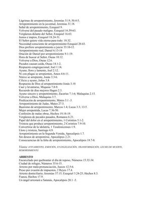 Lágrimas de arrepentimiento, Jeremías 31.9; 50.4-5.
Arrepentimiento en la juventud, Jeremías 31.18.
Señal de arrepentimiento, Ezequiel 9.
Volverse del pasado maligno, Ezequiel 16.59-63.
Vergüenza delante del Señor, Ezequiel 16.63.
Justos e impíos, Ezequiel 18.24-31.
El Señor quiere vida eterna para todo: 18.32.
Necesidad consciente de arrepentimiento Ezequiel 20.43.
Dios prefiere arrepentimiento a juicio 33.10-12.
Arrepentimiento real, Daniel 6.13-18
Oración de Daniel por arrepentimiento 9.1-19.
Hora de buscar al Señor, Oseas 10.12.
Volverse a Dios, Oseas 12.6.
Pecados causan caída, Oseas 14.1-2.
Respuesta congregacional, Joel 1.14;
Ayuno, lloro y lamento, Joel 2.12.
Ni con plagas se arrepienten, Amos 4.6-11.
Nínive se arrepiente, Jonás 3.3-6.
Cilicio y ayuno, Joñas 3.8.
Respuesta de Dios al arrepentimiento Jonás 3.10
Caer y levantarse, Miqueas 7.8-9.
Recuerdo de días mejores Hageo 2.3.
Ayuno sincero y arrepentimiento, Zacarías 7.1-6; Malaquías 2.13.
Volverse a Dios, Malaquías 3.7.
Predicación de arrepentimiento, Mateo 3.1 -3.
Arrepentimiento de Judas, Mateo 27.3.
Bautismo de arrepentimiento, Marcos 1.4; Lucas 3.3; 13.5.
Mujer arrepentida, Lucas 7.36-50.
Confesión de malas obras, Hechos 19.18-19.
Vergüenza de pecados pasados, Romanos 6.21.
Papel del dolor en el arrepentimiento, 1 Corintios 5.1-2.
Tristeza que produce arrepentimiento, 2 Corintios 7.9-10.
Convertirse de la idolatría, 1 Tesalonicenses 1.9.
Lloro y tristeza, Santiago 4.9.
Arrepentimiento en la Segunda Venida, Apocalipsis 1.7.
Sin deseos de arrepentirse, Apocalipsis 2.21.
Consecuencias de la falta de arrepentimiento, Apocalipsis 18.7-8.
Véanse AVIVAMIENTO, EMOCIÓN, EVANGELIZACIÓN, TRANSFORMACIÓN, LECHO DE MUERTE,
REMORDIMIENTO
ARRESTO
Encarcelado por quebrantar el día de reposo, Números 15.32-34.
Ciudad de refugio, Números 35.6-15.
Arresto por mala pronunciación, Jueces 12.5-6.
Preso por evasión de impuestos, 2 Reyes 17.4.
Arresto domiciliario, Jeremías 37.15; Ezequiel 3.24-25; Hechos 8.3.
Fianza, Hechos 17.9.
Un ángel arrestará a Satanás, Apocalipsis 20.1 -3.
 