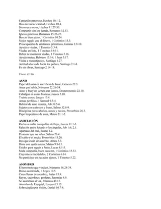Centurión generoso, Hechos 10.1-2.
Dios reconoce caridad, Hechos 10.4.
Socorren a otros, Hechos 11.27-30.
Compartir con los demás, Romanos 12.13.
Iglesia generosa, Romanos 15.26-27.
Buscar bien ajeno, 1 Corintios 10.24.
Mejor regalo que el dinero, 1 Corintios 13.3.
Preocupación de cristianos primitivos, Gálatas 2.9-10.
Ayuda a viudas, 1 Timoteo 5.3-8.
Viudas en lista, 1 Timoteo 5.9-11.
Deber de mantener viudas, 1 Timoteo 5.16.
Ayuda mutua, Hebreos 13.16; 1 Juan 3.17.
Visita a menesterosos, Santiago 1.27.
Actitud adecuada hacia los pobres, Santiago 2.1-8.
Fe sin obras, Santiago 2.14-18.
Véase AYUDA
ASNO
Papel del asno en sacrificio de Isaac, Génesis 22.3.
Asna que habla, Números 22.26-34.
Asno y buey no deben arar juntos, Deuteronomio 22.10.
Cabalgan en asnas blancas, Jueces 5.10.
Treinta asnos, Jueces 10.4.
Asnas perdidas, 1 Samuel 9.3-4.
Habitat de asno montes, Job 39.5-6.
Sujetos con cabestro y freno, Salmo 32.8-9.
Disciplina para caballos, asnos y necios, Proverbios 26.3.
Papel importante de asna, Mateo 21.1-2.
ASOCIACIÓN
Rechaza malas compañías del hijo, Jueces 11.1-3.
Relación entre Satanás y los ángeles, Job 1.6; 2.1.
Apartado del mal, Salmo 1.2.
Personas que no valen, Salmo 26.4.
El sabio y el necio, Proverbios 15.20.
Dos que están de acuerdo, Amos 3.3.
Dime con quién andas, Mateo 9.9-13.
Unidos para seguir a Jesús, Lucas 8.1-3.
Mala compañía, buen carácter, 1 Corintios 15.33.
Creyentes e incrédulos, 2 Corintios 6.14.
No participar en pecados ajenos, 1 Timoteo 5.22.
ASOMBRO
El terremoto que vindicó, Números 16.28-34.
Reina asombrada, 1 Reyes 10.5.
Caras llenas de asombro, Isaías 13.8.
Reyes, sacerdotes, profetas, Jeremías 4.9.
Se asombran al ver, Jeremías 49.17.
Asombro de Ezequiel, Ezequiel 3.15.
Sobrecogido por visión, Daniel 10.7-8.
 