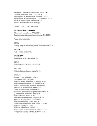 Patriótico y buenas obras religiosas, Lucas 7.4-5.
«Frutos hermosos», Juan 15.16 (LBD).
Recompensa de buenas obras, Romanos 2.5-11.
Fe en acción, 1 Tesalonicenses 1.3; Santiago 2.17-18.
Ricos en buenas obras, 1 Timoteo 6.18.
Pecado de no hacer el bien, Santiago 4.17.
Véanse CONDUCTA, MAYORDOMÍA.
BUENOS DÍAS PASADOS
Mirar hacia atrás, Salmo 77.5 (LBD).
Recordar alegría pasada, Lamentaciones 1.7 (LBD).
Véase REMINISCENCIA.
BUEY
Asno y buey no deben arar juntos, Deuteronomio 22.10.
BUFET
Ven y come, Isaías 55.1.
BUMERAN
El bumerán de la vida, Abdías 15.
BUHO
Nido de búhos y buitres, Isaías 34.15.
BUITRE
Nido de búhos y buitres, Isaías 34.15.
BURLA
Ultraje a Dios, Números 15.30-31.
Jóvenes burlones, 2 Reyes 2.23.
Burla de pueblo en pueblo, 2 Crónicas 30.10.
Burla contra mensajeros, 2 Crónicas 36.16.
Burla a constructores del muro, Nehemías 4.1.
Profecía de la crucifixión, Salmo 22.7.
Actos de humillación, Salmo 69.10-11.
Hijos que se burlan de sus padres, Proverbios 30.17.
¿Contra quién se burlan?, Isaías 57.4.
Burla del ayuno, Isaías 58.4-5.
Profanación de santuario, Ezequiel 25.1-4.
Oprobio de los pueblos, Ezequiel 36.3-4.
Burlas contra Jesús, Mateo 9.23-24.
Soldados se burlan en la cruz, Mateo 27.27-31.
Burla de sacrificios, Lucas 13.1.
Burla en Pentecostés, Hechos 2.13.
Burla acerca de la resurrección, Hechos 17.32.
Vituperios, azotes y cárceles, Hebreos 11.36.
 