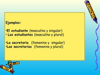 Ejemplos:
•El estudiante (masculino y singular)
• Los estudiantes (masculino y plural)
•La secretaria (femenino y singular)
•Las secretarias (femenino y plural)
