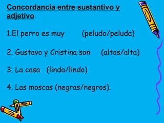 Concordancia entre sustantivo y
adjetivo
1.El perro es muy (peludo/peluda)
2. Gustavo y Cristina son (altos/alta)
3. La casa (linda/lindo)
4. Las moscas (negras/negros).