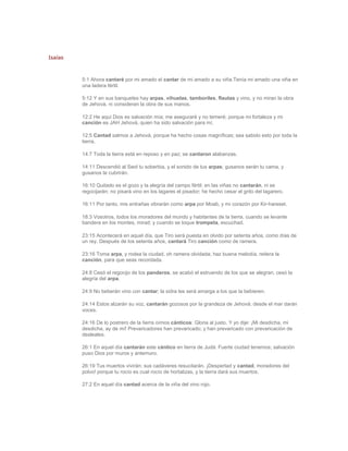 Isaías



         5:1 Ahora cantaré por mi amado el cantar de mi amado a su viña.Tenía mi amado una viña en
         una ladera fértil.

         5:12 Y en sus banquetes hay arpas, vihuelas, tamboriles, flautas y vino, y no miran la obra
         de Jehová, ni consideran la obra de sus manos.

         12:2 He aquí Dios es salvación mía; me aseguraré y no temeré; porque mi fortaleza y mi
         canción es JAH Jehová, quien ha sido salvación para mí.

         12:5 Cantad salmos a Jehová, porque ha hecho cosas magníficas; sea sabido esto por toda la
         tierra.

         14:7 Toda la tierra está en reposo y en paz; se cantaron alabanzas.

         14:11 Descendió al Seol tu soberbia, y el sonido de tus arpas; gusanos serán tu cama, y
         gusanos te cubrirán.

         16:10 Quitado es el gozo y la alegría del campo fértil; en las viñas no cantarán, ni se
         regocijarán; no pisará vino en los lagares el pisador; he hecho cesar el grito del lagarero.

         16:11 Por tanto, mis entrañas vibrarán como arpa por Moab, y mi corazón por Kir-hareset.

         18:3 Vosotros, todos los moradores del mundo y habitantes de la tierra, cuando se levante
         bandera en los montes, mirad; y cuando se toque trompeta, escuchad.

         23:15 Acontecerá en aquel día, que Tiro será puesta en olvido por setenta años, como días de
         un rey. Después de los setenta años, cantará Tiro canción como de ramera.

         23:16 Toma arpa, y rodea la ciudad, oh ramera olvidada; haz buena melodía, reitera la
         canción, para que seas recordada.

         24:8 Cesó el regocijo de los panderos, se acabó el estruendo de los que se alegran, cesó la
         alegría del arpa.

         24:9 No beberán vino con cantar; la sidra les será amarga a los que la bebieren.

         24:14 Estos alzarán su voz, cantarán gozosos por la grandeza de Jehová; desde el mar darán
         voces.

         24:16 De lo postrero de la tierra oímos cánticos: Gloria al justo. Y yo dije: ¡Mi desdicha, mi
         desdicha, ay de mí! Prevaricadores han prevaricado; y han prevaricado con prevaricación de
         desleales.

         26:1 En aquel día cantarán este cántico en tierra de Judá: Fuerte ciudad tenemos; salvación
         puso Dios por muros y antemuro.

         26:19 Tus muertos vivirán; sus cadáveres resucitarán. ¡Despertad y cantad, moradores del
         polvo! porque tu rocío es cual rocío de hortalizas, y la tierra dará sus muertos.

         27:2 En aquel día cantad acerca de la viña del vino rojo.
 