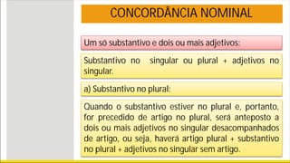 Um só substantivo e dois ou mais adjetivos:
CONCORDÂNCIA NOMINAL
Substantivo no singular ou plural + adjetivos no
singular.
a) Substantivo no plural:
Quando o substantivo estiver no plural e, portanto,
for precedido de artigo no plural, será anteposto a
dois ou mais adjetivos no singular desacompanhados
de artigo, ou seja, haverá artigo plural + substantivo
no plural + adjetivos no singular sem artigo.
 
