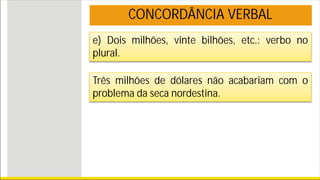 e) Dois milhões, vinte bilhões, etc.: verbo no
plural.
Três milhões de dólares não acabariam com o
problema da seca nordestina.
CONCORDÂNCIA VERBAL
 