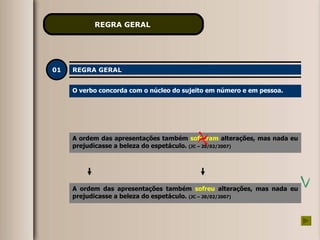 REGRA GERAL   01 REGRA GERAL O verbo concorda com o núcleo do sujeito em número e em pessoa. A ordem das apresentações também  sofreram   alterações, mas nada eu prejudicasse a beleza do espetáculo.  (JC – 20/02/2007) A ordem das apresentações também  sofreu   alterações, mas nada eu prejudicasse a beleza do espetáculo.  (JC – 20/02/2007) 