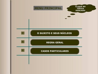 MENU PRINCIPAL O SUJEITO E SEUS NÚCLEOS  REGRA GERAL CLIQUE NO TÓPICO DESEJADO CASOS PARTICULARES 