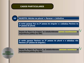 CASOS PARTICULARES   09 SUJEITO:  Núcleo no plural + Parecer + Infinitivo O verbo  parecer  fica na 3ª pessoa do singular e o  infinitivo  flexiona na 3ª pessoa do plural; Depois do fiasco no Iraque, os estadunidenses  parece reconhecer  a importância política da ONU. MENU EXTENSIVO Depois do fiasco no Iraque, os estadunidenses  parece reconhecerem  a importância política da ONU. O verbo  parecer  flexiona na 3ª pessoa do plural e o  infinitivo  não flexiona (3ª pessoa do singular). Depois do fiasco no Iraque, os estadunidenses  parecem reconhecerem  a importância política da ONU. Depois do fiasco no Iraque, os estadunidenses  parecem reconhecer  a importância política da ONU. 