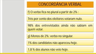 f) O verbo fica no plural a partir de 2% :
Três por cento dos eleitores votaram nulo.
98% dos entrevistados ainda não sabiam em
quem votar.
g) Menos de 2%: verbo no singular.
1% dos candidatos não apareceu hoje.
1,8 % dos alunos não veio hoje.
CONCORDÂNCIA VERBAL
 