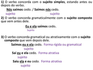 1) O verbo concorda com o sujeito simples, estando antes ou
depois do verbo.
Nós saímos cedo. / Saímos nós cedo.
sujeito sujeito
2) O verbo concorda gramaticalmente com o sujeito composto
que vem antes dele.
Eu e ela saímos cedo.
Sujeito
3) O verbo concorda gramatical ou atrativamente com o sujeito
composto que vem depois dele.
Saímos eu e ela cedo. Forma rígida ou gramatical
sujeito
Saí eu e ela cedo. Forma atrativa
sujeito
Saiu ela e eu cedo. Forma atrativa
sujeito
 