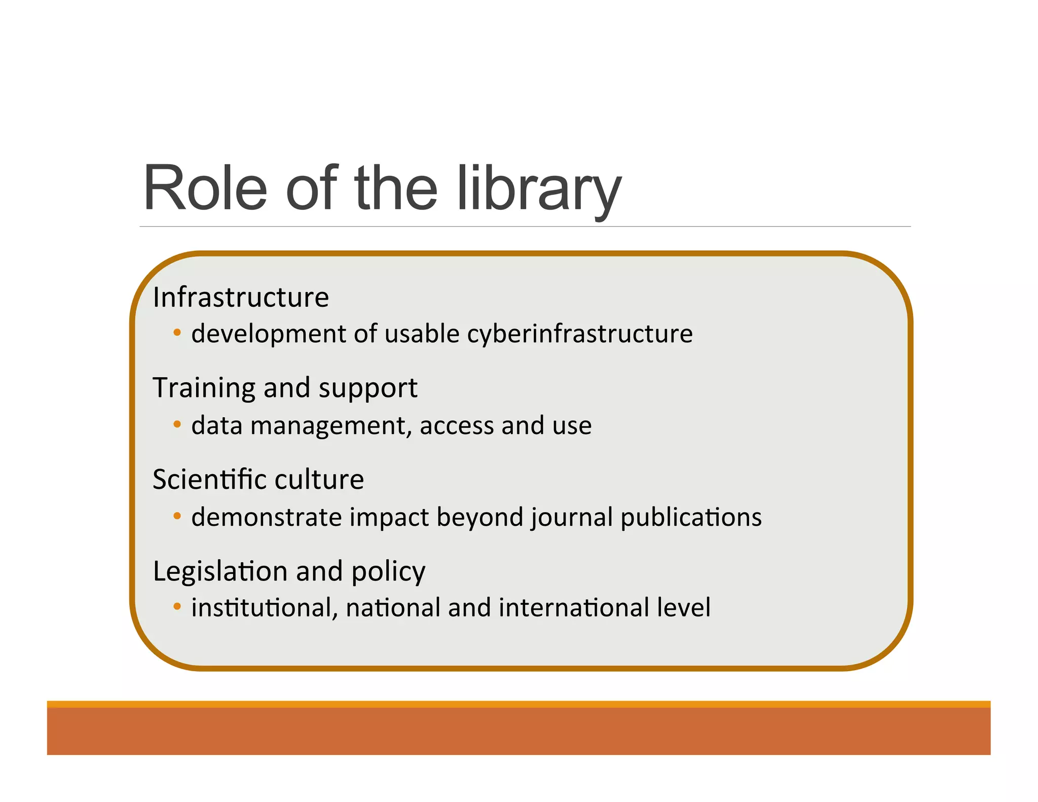 Role of the library
Infrastructure	
  
•  development	
  of	
  usable	
  cyberinfrastructure	
  	
  
Training	
  and	
  support	
  
•  data	
  management,	
  access	
  and	
  use	
  
Scien0ﬁc	
  culture	
  
•  demonstrate	
  impact	
  beyond	
  journal	
  publica0ons	
  
Legisla0on	
  and	
  policy	
  
•  ins0tu0onal,	
  na0onal	
  and	
  interna0onal	
  level	
  	
  
 