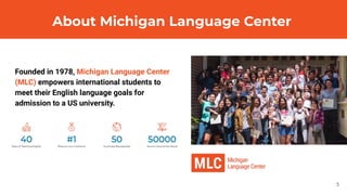 Founded in 1978, Michigan Language Center
(MLC) empowers international students to
meet their English language goals for
admission to a US university.
5
About Michigan Language Center
 