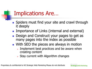 Think about this…Americans conducted 18.4 billion total core search queries in October 2010Overall US search volume increased almost 4 % over last monthCurrently about 28.7% of world uses Internet as of June 2010 and growing daily(www.internetworldstats.com/stats.htm)80% of all online transactions start with search enginesProprietary & confidential to WI Strategic Web Marketing Please do not distribute