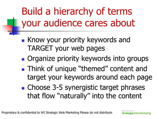 Paid or PPCSearch patterns reveal that fewer search engine users visit PPC (pay per click) advertising sites than visit SEO (organic) sites.In fact 4 out of 5 search engine users report that they never click on PPC results.Proprietary & confidential to WI Strategic Web Marketing Please do not distribute