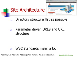 GBMeasuring Relevance Relevance - the degree to which the content of the documents returned in a search matched the user's query intention and terms.The relevance of a document increases if the terms or phrase queried by the user occurs multiple times and shows up in the copy, title of the work or in important headlines or sub headers.  Meta data!Proprietary & confidential to WI Strategic Web Marketing Please do not distribute
