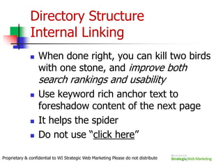 Implications Are…Spiders must find your site and crawl through it deeplyImportance of Links (internal and external)Design and Construct your pages to get as many pages into the index as possibleWith SEO the pieces are always in motionImplement best practices and be aware when creating content