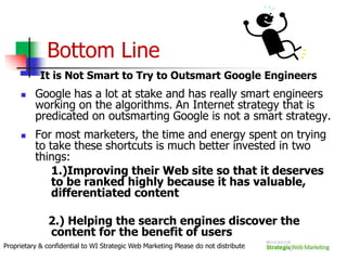 Establish Keyword Targets for each Content PageThink of content themed around target keywordsChoose 3-5 synergistic target phrases you can use in the copyYou want around 250 words per pageIncorporate Keywords into headings and subheadingsSpiders place more emphasis on these