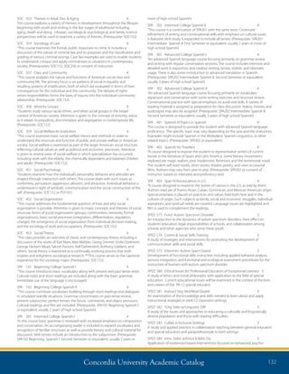 Concordia University Academic Catalog 132
more of high school Spanish)
SPA	 202	 Intermed College Spanish II	 4	
“This course is a continuation of SPA201 with the same texts. Continued
refinement of writing and conversational skills with emphasis on cultural issues
is featured. Verb study is expanded to include all tenses. (Prerequisite: SPA201
Intermediate Spanish II: First Semester or equivalent; usually 2 years or more of
high school Spanish)
SPA	 301	 Advanced College Spanish I	 4	
“An advanced Spanish language course focusing primarily on grammar review
and writing with regular conversation sessions. The course includes intensive and
detailed work in expository and creative writing, syntax, stylistic and idiomatic
usage. There is also some introduction to advanced translation in Spanish.
(Prerequisite: SPA202 Intermediate Spanish II: Second Semester or equivalent;
usually 3 years of high school Spanish)
SPA	 302	 Advanced College Spanish II	 4	
“An advanced Spanish language course focusing primarily on vocabulary
expansion and conversation with some writing exercises and structure review.
Conversational practice with special emphasis on aural-oral skills. A variety of
reading material is assigned as preparation for class discussion. Videos, movies, and
audiotapes may also be assigned. (Prerequisite: SPA202 Intermediate Spanish II:
Second Semester or equivalent; usually 3 years of high school Spanish)
SPA	 401	 Spanish IV:Topics in Spanish	 4	
This course is designed to provide the student with advanced Spanish language
proficiency. The specific topic may vary depending on the year and the instructors.
Examples might include Spanish in the Workplace, Spanish Linguistics, or other
related topics. (Prerequisite: SPA302 or equivalent)
SPA	 402	 Spanish for Travelers	 4	
“A course designed to expose the student to representative writers of current
trends in the literature of Spain and Latin America. Some literary movements
explored are magic realism, post modernism, feminism, and the testimonial novel.
The student will read novels, short stories, theater, poetry, and view occasional
films. Authors may vary from year to year. (Prerequisite: SPA302 or consent of
instructor: based on interview and proficiency test)
SPA	 403	 Span IV:VoicesLatinos in U.S.	 4	
“A course designed to examine the stories of Latinos in the U.S. as told by them.
Authors read are of Puerto Rican, Cuban, Dominican, and Mexican American origin.
Special emphasis is placed on practices and values held both here and in the
cultures of origin. Such subjects as family, social and economic struggles, individual
aspirations ,and spiritual needs are covered. Language issues are highlighted and
film is used to complement the readings.
SPED	573	 Fund: Autism Spectrum Disorder	 3	
An introduction to the dynamics of autism spectrum disorders, their effect on
students’education, legal responsibilities of schools, and collaboration among
schools and other agencies who serve these youth.
SPED	574	 Comm  Social Skills Training	 3	
A study of strategies and interventions for promoting the development of
communication skills and social skills.
SPED	575	 Intervntn: Autism Spect Disord	 3	
Development of functional skills instruction including applied behavior analysis,
sensory integration, and functional and ecological assessment procedures for the
instruction of learners with autism spectrum disorder.
SPED	580	 Ethical Issues for Professional Educators of Exceptional Learners 3	
A study of ethics and moral philosophy with application to the field of special
education. Current educational issues will be examined in the context of the lives
and careers of the PK-12 special educator.
SPED	581	 Instruct Strg: Mid/Mod Disabil	 3	
An examination of the knowledge and skills needed to learn about and apply
instructional strategies in preK-12 classroom settings.
SPED	582	 Tchg Stdts w/Linguistic Diff	 3	
A study of the issues and approaches to educating a culturally and linguistically
diverse population and those with reading difficulties.
SPED	583	 Collab in Inclusive Settings	 3	
A Study and applied practice in collaboration teaching between general educators
and special educators and paraprofessionals in both settings.
SPED	584	 Intrv: Stdnt w/Emot  Behv Dis	 3	
Application of evidenced-based interventions focused on behavioral, psycho-
SOC	 353	 Themes in Adult Dev.  Aging	 4	
This course explores a variety of themes in development throughout the lifespan
beginning with youth and ending in the last stages of adulthood including
aging, death and dying. Lifespan, sociological, psychological, and family science
perspectives will be used to examine a variety of themes. (Prerequisite: SOC152)
SOC	 354	 Sociology of Law	 4	
“This course examines the formal, public responses to crime. It includes a
discussion of the nature of criminal law and its purposes and the classification and
grading of various criminal wrongs. Case law examples are used to enable students
to understand, critique and apply criminal laws to situations in contemporary
society. (Prerequisites: SOC152, SOC256 or consent of instructor)
SOC	 357	 Class and Community	 4	
“This course analyzes the nature and functions of American social class and
community life. The primary focus is on patterns of social in equality and
resulting systems of stratification, both of which are evaluated in terms of their
consequences for the individual and the community. The debate of rights
verses responsibilities forms the basis of inquiry into the individual-community
relationship. (Prerequisite: SOC152)
SOC	 358	 Minority Groups	 4	
“Students study various racial, ethnic, and other social groups in the broad
context of American society. Attention is given to the concept of minority status
as it relates to prejudices, discrimination and segregation in contemporary life.
(Prerequisite: SOC152)
SOC	 359	 Social Welfare:An Institution	 4	
“This course examines basic social welfare theory and methods in order to
understand the structure and function of public and private welfare in American
society. Social welfare is examined as part of the larger American social structure,
reflecting cultural values as well as political and economic processes. Attention
is given to several areas of social welfare in which specialization has occurred,
including work with the elderly, the chemically dependent and battered children
and adults. (Prerequisite: SOC152)
SOC	 451	 Social Psychology	 4	
“Students examine how the individual’s personality, behavior and attitudes are
shaped through interaction with others. The course deals with such issues as
conformity, persuasion, aggression, altruism, and attraction. Individual behavior is
understood in light of symbolic communication and the social construction of the
self. (Prerequisite: SOC152 or PSY101)
SOC	 452	 Social Organization	 4	
“This course addresses the fundamental question of how and why social
organization is possible. Attention is given to major concepts and theories of social
structure, forms of social organization (groups, communities, networks, formal
organizations), basic social processes (integration, differentiation, regulation,
change), the emergence of social organization from individual decision-making,
and the sociology of work and occupations. (Prerequisite: SOC152)
SOC	 453	 Social Theory 	 4	
“This class provides an overview of classic and contemporary theory including a
discussion of the works of Karl Marx, Max Webber, Georg Simmel, Emile Durkheim,
George Herbert Mead, Talcott Parsons, Ralf Dahrendorf, Anthony Giddens, and
others. Social theory is examined as a continually evolving process that both
inspires and enlightens sociological research. **This course serves as the capstone
experience for the sociology major. (Prerequisite: SOC152)
SPA	 101	 Beginning College Spanish I	 4	
“This course introduces basic vocabulary along with present and past tense verbs.
Cultural notes and short readings are included along with the basic grammar.
Immediate use of the language is encouraged.
SPA	 102	 Beginning College Spanish II	 4	
“This course continues vocabulary building through short readings and dialogues
in simulated real-life situations. Grammar concentrates on past-tense review,
present subjunctive, perfect tenses, the future, commands, and object pronouns.
Cultural readings and film are included. (Prerequisite: SPA101 Beginning Spanish I
or equivalent; usually 2 years of high school Spanish)
SPA	 201	 Intermed College Spanish I	 4	
“In this course basic grammar is reviewed with increased emphasis on composition
and conversation. An accompanying reader is included to expand vocabulary and
recognition of familiar structures as well as provide literary and cultural material for
discussion. Verb tenses include an introduction to the subjunctive. (Prerequisite:
SPA102 Beginning Spanish I: Second Semester or equivalent; usually 2 years or
 