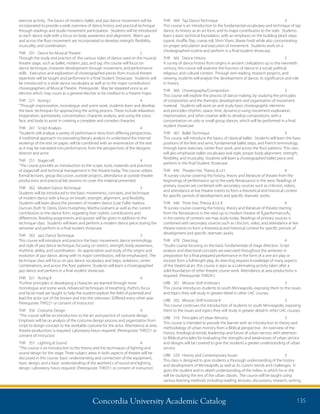 Concordia University Academic Catalog 135
THR	 364	 Tap Dance Technique	 3	
This course is an introduction to the fundamental vocabulary and technique of tap
dance, its history as an art form, and its major contributors to the style. Students
learn a basic technical foundation, with an emphasis on the building block steps
(spank, shuffle, flap, cramp roll, Shim Sham, Maxie Ford) while also concentrating
on proper articulation and execution of movement. Students work on a
choreographed routine and perform in a final student showcase.
THR	 365	 Dance History	 3	
A survey of dance history from origins in ancient civilizations up to the twentieth
century, this course will examine the function of dance in a social, political,
religious, and cultural context. Through text reading, research projects, and
viewing, students will analyze the development of dance, its significance and role
in history.
THR	366	Choreography/Composition	 3	
This course will explore the process of dance making, by studying the principles
of composition and the thematic development and organization of movement
material. Students will work on and study basic choreographic elements
and principles (rhythm, space, time, dynamics) using movement exploration,
improvisation, and other creative skills to develop compositions, with a
concentration on solo or small group dances, which will be performed in a final
student showcase.
THR	 367	 Ballet Technique	 3	
This course will introduce the basics of classical ballet. Students will learn the basic
positions of the feet and arms, fundamental ballet steps, and French terminology,
through barre exercises, center floor work, and across the floor patterns. This class
will also emphasize ballet vocabulary and style, proper body alignment, strength,
flexibility, and musicality. Students will learn a choreographed ballet piece and
perform in the final Student Showcase.
THR	 445	 Theatre Hist, Theory  Lit I 	 4	
“A survey course covering the history, theory and literature of theatre from the
beginnings of performance up to the early Renaissance in the west. Readings of
primary sources are combined with secondary sources such as criticism, videos,
and attendance at live theatre events to form a theoretical and historical context
for specific periods of development and specific dramatic works.
THR	 446	 Thtre Hist, Theory  Lit II	 4	
“A survey course covering the history, theory and literature of theatre starting
from the Renaissance in the west up to modern theatre of Â¿performanceÂ¿
in the variety of contexts we may study today. Readings of primary sources is
combined with secondary sources such as criticism, video, and attendance at live
theatre events to form a theoretical and historical context for specific periods of
development and specific dramatic works.
THR	478	Directing	 4	
“Studio course focusing on the basic fundamentals of stage direction. Script
analysis and directorial concepts are executed throughout the semester in
preparation for a final prepared performance in the form of a one act play or
excerpt from a full-length play. As directing requires knowledge of many aspects
of the theatrical art, this course is seen as a culminating activity taken after a
solid foundation of other theatre course work. Attendance at area productions is
required. (Prerequisite: THR241)
URB	 201	 Mission Shift Institute I	 3	
This course introduces students to south Minneapolis, exposing them to the issues
and topics they will study in greater detail in other U4C courses.
URB	 202	 Mission Shift Institute II	 3	
This course continues the introduction of students to south Minneapolis, exposing
them to the issues and topics they will study in greater detail in other U4C courses.
URB	 310	 Principles of Urban Ministry	 3	
This course is intended to provide the learner with an introduction to theory and
methodology of urban ministry from a Biblical perspective. An overview of the
history, theological trends, leadership and future of urban service, with attention
to Biblical principles for evaluating the strengths and weaknesses of urban service
and designs will be covered to give the students a greater understanding of urban
service.
URB	 320	 History and Contemporary Issues	 3	
This class is designed to give students a thorough understanding of the history
and development of Minneapolis as well as its current trends and challenges. It
gives the student and in-depth understanding of the milieu in which he or she
will be studying the rest of the urban classes. The course will be taught using
various learning methods including reading, lectures, discussions, research, writing,
exercise activity. The basics of modern, ballet, and jazz dance movement will be
incorporated to provide a wide overview of dance history and practical technique
through readings and studio movement participation. Students will be introduced
to each dance style with a focus on body awareness and alignment. Warm ups
and across the floor movement are incorporated to develop strength, flexibility,
musicality, and coordination.
THR	 201	 Dance for Musical Theatre	 2	
Through the study and practice of the various styles of dance used on the musical
theatre stage, such as ballet, modern, jazz, and tap, this course will focus on
dance technique, character development through movement, and performance
skills. Execution and exploration of choreographed pieces from musical theatre
repertoire will be taught and performed in a final Student Showcase. Students will
be introduced to a wide dance vocabulary as well as to the major contributors/
choreographers of Musical Theatre. Prerequisite: May be repeated once as an
elective which may count as a general elective or be credited to a theatre major.
THR	 221	 Acting I 	 4	
“Through improvisation, monologue, and scene work, students learn and develop
the basic techniques for approaching the acting process. These include relaxation,
imagination, spontaneity, concentration, character analysis, and using the voice,
face, and body to assist in creating a complete and complex character.
THR	 241	 Script Analysis 	 4	
“Students will analyze a variety of performance texts from differing perspectives.
A traditional approach incorporating literary analysis to understand the internal
workings of the text on paper, will be combined with an examination of the text
as it may be translated into performance, from the perspectives of the designer,
director and actor.
THR	 251	 Stagecraft 	 4	
“The course provides an introduction to the scope, tools, materials and practices
of stagecraft and technical management in the theatre today. The course utilizes
formal lectures, group discussion, outside projects, attendance at outside theatre
productions and practical lab sessions to cover the material presented.
THR	 262	 Modern Dance Technique	 3	
Students will be introduced to the basic movements, concepts, and technique
of modern dance with a focus on breath, strength, alignment, and flexibility.
Students will learn about the pioneers of modern dance (Loie Fuller, Isadora
Duncan, Ruth St. Denis, Doris Humphrey, Martha Graham) as well as the current
contributors to the dance form, regarding their stylistic contributions and
differences. Reading assignments and quizzes will be given in addition to the
technique class. Students will learn and perform a modern dance piece during the
semester and perform in a final student showcase.
THR	 263	 Jazz Dance Technique	 3	
This course will introduce and practice the basic movement, dance terminology,
and style of jazz dance technique, focusing on stretch, strength, body awareness,
rhythmic ability, and coordination. An appreciation and study of the origins and
evolution of jazz dance, along with its major contributors, will be emphasized. The
technique class will focus on jazz dance vocabulary and steps, isolations, center
combinations, and across the floor patterns. Students will learn a choreographed
jazz dance and perform in a final student showcase.
THR	 321	 Acting II	 4
“Further principles in developing a character are learned through more
monologue and scene work. Advanced techniques of breathing, rhythm, focus
and facial mask are taught to help the student explore the field of potential and
lead the actor out of the known and into the unknown. (Offered every other year.
Prerequisite: THR221 or consent of instructor)
THR	 356	 Costume Design	 4	
“This course will be an introduction to the art and practice of costume design.
Emphasis will be on analysis of the costume design process and organization from
script to design concept to the workable costume for the actor. Attendance at area
theatre productions is required. Laboratory hours required. (Prerequisite: THR251 or
consent of instructor)
THR	 357	 Lighting  Sound 	 4	
“This course is an introduction to the theory and the techniques of lighting and
sound design for the stage. Three subject areas in both aspects of theatre will be
discussed in this course: basic understanding and connection of the equipment,
basic design, and a basic understanding of the aesthetics of sound and lighting
design. Laboratory hours required. (Prerequisite: THR251 or consent of instructor)
 
