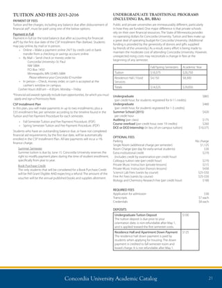 Concordia University Academic Catalog 21
TUITION AND FEES 2015-2016
PAYMENT OF FEES
Tuition and fee charges, including any balance due after disbursement of
financial aid*, must be paid using one of the below options.
Payment in Full
Payment in full (or the total balance due after accounting for financial
aid*) by the first due date of the CSP Installment Plan (below). Students
may pay online, by mail or in person.
•	 Online – Make a payment online 24/7 by credit card or bank
transfer from a checking or savings account online
•	 By Mail – Send check or money order to:
	 Concordia University–St. Paul
	 NW 5884
	 P.O. Box 1450
	 Minneapolis, MN 55485-5884
	 Please reference your Concordia ID number
•	 In person – Check, money order, or cash is accepted at the
cashier’s window on campus.
Cashier Hours: 8:00 am – 4:30 pm, Monday – Friday
*Financial aid awards typically include loan opportunities, for which you must
apply and sign a Promissory Note.
CSP Installment Plan
In this plan, you will make payments in up to two installments, plus a
$35 enrollment fee, per semester according to the timeline found in the
Tuition and Fee Payment Procedure for each semester.
•	 Fall Semester Tuition and Fee Payment Procedure. (PDF)
•	 Spring Semester Tuition and Fee Payment Procedure. (PDF)
Students who have an outstanding balance due, or have not completed
financial aid requirements, by the first due date, will be automatically
enrolled in the CSP Installment Plan. All late payments will incur a 1%
finance charge.
Summer Semester
Summer tuition is due by June 15. Concordia University reserves the
right to modify payment plans during the time of student enrollment,
specifically from year to year.
Book Purchase Credit
The only students that will be considered for a Book Purchase Credit
will be Pell Grant Eligible AND expecting a refund. The amount of the
voucher will be the annual published books and supplies allotment.
UNDERGRADUATE TRADITIONAL PROGRAMS
(INCLUDING BA, BS, BBA)
Public and private universities are immeasurably different, particularly
in how they are funded. One major difference is that private schools
rely on their own financial resources. The State of Minnesota provides
no operating dollars for Concordia University. Tuition and fees make up
a great deal of operating budget for Concordia University. (Additional
funding is provided by the generosity of donors and gifts supplied
by friends of the university.) As a result, every effort is being made to
maintain the moderate cost of attending Concordia University. However,
unexpected rising costs may necessitate a change in fees at the
beginning of any semester.
Fall/Spring Semesters Academic Year
Tuition $10,375 $20,750
Residence Hall / Food
Services
$4,150 $8,300
Totals $14,525 $29,050
Undergraduate	$865
(per credit hour, for students registered for 6-11 credits)
Undergraduate	$460
(per credit hour, for students registered for 1-5 credits)
Summer School (2015)	 $420
per credit hour	
Auditing (per class)	 $175
Course overload (per credit hour, over 19 credits)	 $260
DCE or DCO Internship (in lieu of on-campus tuition)	 $10,375
OPTIONAL FEES
Parking	 No charge
Single Room (additional charge per semester)	 $1,125
Room Charge (per day for early-arrival students)	 $30
Extra institutional credit	 $270
(includes credit by examination-per credit hour)	
Colloquy tuition rate (per credit hour)	 $270
Private Music Instruction (private lessons)	 $215
Private Music Instruction (honors lessons)	 $430
Science Lab Fees (varies by course)	 $25-$50
Fine Art Fees (varies by course)	 $25-$50
Biology and Chemistry Research Fee (per credit hour)	 $100
REQUIRED FEES
Application for admission	 $30
Transcripts	 $7 each
Credentials	 $8 each
DEPOSITS
Undergraduate Tuition Deposit
The tuition deposit is due prior to your
orientation date, is non-refundable after May 1,
and is applied toward the first semester costs.
$100
Residence Hall and Apartment Down Payment
The residence hall down payment is paid by
students when applying for housing. The down
payment is credited to fall semester room and
board charge. It is not refundable after May 1.
$125
 