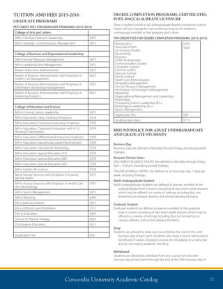 Concordia University Academic Catalog 23
TUITION AND FEES 2015-2016
GRADUATE PROGRAMS
PER CREDIT FEES FOR GRADUATE PROGRAMS (2015-2016)
College of Arts and Letters
MA in Christian Outreach Leadership $475
MA in Strategic Communication Management $475
College of Business and Organizational Leadership
MA in Human Resource Management $475
MA in Leadership and Management $475
Master of Business Administration $625
Master of Business Administration with Emphasis in
Health Care Management
$625
Master of Business Administration with Emphasis in
Information Technology Management
$625
Master of Business Administration with Emphasis in
Marketing Analytics
$625
College of Education and Science
MA in Criminal Justice Leadership $475
MA in Education: Early Childhood Emphasis $378
MA in Education: Classroom Instruction Emphasis $378
MA in Education: Classroom Instruction with K-12
Reading Endorsement
$378
MA in Education: Differentiated Instruction Emphasis $378
MA in Education: Educational Leadership Emphasis $378
MA in Education: Educational Technology $378
MA in Education: Special Education SLD $378
MA in Education: Special Education EBD $378
MA in Education: Special Education ASD $378
MA in Family Life Science $378
MA in Human Services with Emphasis in Forensic
Mental Health
$475
MA in Human Services with Emphasis in Health Care
and Gerontology
$475
MA in Sports Management $475
MA in Teaching $440
MS in Exercise Science $475
MS in Orthotics and Prosthetics $515
Ed.S in Education $405
Doctor of Physical Therapy $810
Doctorate in Education $615
Application Fee $50
DEGREE COMPLETION PROGRAMS, CERTIFICATES,
POST–BACCALAUREATE LICENSURE
Once a student enrolls in an undergraduate degree completion cohort,
tuition will not change for that student as long as the student is
continuously enrolled in that program and cohort.
PER CREDIT FEES FOR DEGREE COMPLETION PROGRAMS (2015-2016)
Nursing (B.S.)
Associate of Arts
Continuing Studies
Accounting
Business
Child Development
Communication Studies
Computer Science
Criminal Justice
Exercise Science
Family Science
Heath Care Administration
Hospitality Management
Human Resource Management
Information Technology in Management
Marketing
Organizational Management and Leadership
Psychology
Pulmonary Science Leadership (B.S.)
Radiological Leadership (B.S.)
Sports Management
$299
$420
Application Fee $30
Auditing (per class) $175
REFUND POLICY FOR ADULT UNDERGRADUATE
AND GRADUATE STUDENTS
Business Day
Business Days are defined as Monday through Friday, excluding posted
Holidays.
Business Service Hours:	
ON CAMPUS BUSINESS HOURS: Are defined as Monday through Friday
8am – 4:30 pm, excluding posted holidays.
ON-LINE BUSINESS HOURS: Are defined as 24 hours per day, 7 days per
week, including holidays.
Adult Undergraduate Student
Adult undergraduate students are defined as learners enrolled at the
undergraduate level in a term consisting of two seven week sessions
which may be offered in a variety of settings including (but not
limited to) on-campus delivery and on-line delivery format(s).
Graduate Student
Graduate students are defined as learners enrolled at the graduate
level in a term consisting of two seven week sessions which may be
offered in a variety of settings including (but not limited to) on-
campus delivery and on-line delivery format(s).
Drop
Students are allowed to drop any course before the start of the sixth
business day of each term. Students who drop a course will receive a
full refund of tuition. Dropped courses do not appear on a transcript
and do not impact academic standing
Withdrawal
Students are allowed to withdraw from any course from the sixth
business day of each term through the end of the 25th business day of
 