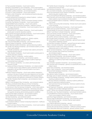 Concordia University Academic Catalog 29
Dr. Paul Lassanske Scholarship – church work students
Kenneth O. and Kathleen D. Lenz Scholarship – church work students
Rev. Dr. Martin W. and Lucille E. Lieske Scholarship – church work students
Rev. Walter Luedtke Scholarship – pre-ministerial students
Dr. Ernest A. Lussky Scholarship – church work students
Dr. Martin Luther Scholarship – pre-ministerial and teacher education
church work students
Lutheran Brotherhood Scholarship for Lutheran Students – Lutheran
students; financial need; Lutheran
Charlotte Mack Scholarship – Director of Christian Outreach students
Dr. and Mrs. Paul Martens Scholarship – church work students
Harold Mattfeld Family Scholarship – church work students
Dr. R. Brownell and Ann McGrew Scholarship – Hoffmann Institute
Rev. Dr. August Mennicke Scholarship – church work students; music or
psychology emphasis
Dr. Gerhardt and Dr. Loma Meyer Scholarship – church work students;
priority given to teacher education students
Pastor Gerhard and Augusta Michael Scholarship – church work students
Rev. Dr. Marvin and Melba Middendorf Scholarship –
pre-ministerial students
Thomas and Chris Milbarth Football Fund – Athletic students
participating in football; minimum 2.5 GPA
Rev. Fred and Frieda Miller Scholarship – pre-ministerial students
Minority Student Scholarship – minority students
William Moenkenmoeller Scholarship – general; deserving students
Mr. and Mrs. B.A. Mosling Scholarship – pre-ministerial students; or other
church work students
H.F.C. Mueller Scholarship – pre-ministerial male students and teacher
education female students
Dr. Luther Mueller Scholarship – church work students; priority given to
teacher education students
Theodore F. Neils, Sr. Scholarship – worthy students
Paul and Diane Netsch Scholarship – pre-ministerial students
Richard E. Norris Scholarship – band program students majoring in
instrumental music education
Marvin T. Nystrom Scholarship – U.S. citizens with financial need;
minimum 3.0 GPA
Dr. Stanley and Eleanor Oexemann Scholarship – U.S. citizens enrolled
in Christian mission work; preference given to freshmen having
graduated in the top 20%; continuing students must have a
minimum 3.0 GPA
Hoffmann Institute Scholarship – church work students interested in
working in the area of outreach; two years’experience at Concordia
University and/or have been admitted to a professional program;
spiritual maturity and significant contribution to Christian outreach.
Mr. and Mrs. Theodore Olsen Scholarship – pre-ministerial or church
work students
William H. and Georgia B. Olson Scholarship – pre-ministerial students
Jim, Nancy and Daniel Ondov (Because of Jesus) Scholarship –
pre-ministerial or other church work above average students
E. J. and Anna H. Otto Pre-Seminary Scholarship – church work students
Outdoor/Environmental Biology Scholarship – elementary education
students; concentration in outdoor/environmental biology; at least
two quarters remaining, demonstrating academic excellence
Frank and Elsie Papke Scholarship – pre-ministerial students
Parents’Appreciation Scholarship – church work students
Jan Pavel Scholarship – pre-ministerial students
Rachel Ann Pocrnich Scholarship – teacher education students; early
childhood or elementary
Esther Podewils Hoffmann Institute Scholarship Endowment – Hoffmann
Institute students
Richard D. and Joyce Peterson Peters Scholarship – church work students;
preference given to minority students
W.A. Poehler Alumni Scholarship – church work students; high academic
achievement; financial need
Irene Reinking Scholarship – church work students
Rev. Louis Rosin Scholarship – pre-ministerial students
Henry and Lela Rossow Church Teacher Scholarship – church work
teacher education students; male
Henry and Lela Rossow Ministerial Scholarship – pre-ministerial students
Pastor Kenneth and Lorraine Roufs Scholarship – pre-ministerial American
Indian students or pre-ministerial minority students
Edward and Natalie Rudnick Scholarship – Hoffmann Institute students;
merit based
Rev. Palmer and Lois Ruschke Scholarship – female church work students
or pre-ministerial
James M. and M. Martha Ryan Scholarship – church work students
Walter and Cora Scharf Scholarship – church work students
Scheele-Mueller Pre-Seminary Scholarship – pre-ministerial students
William T. and Alma H. Schluter Scholarship – general
Victor and Harriet Schmidt Scholarship – church work students
Fritz Schneider Scholarship - church work students
Mr. and Mrs. Herman Scholl Scholarship – church work students
Ray Schrader Family Scholarship – church work students
Mr. and Mrs. Edward C. Schroeder Scholarship – general; financial need
and academic leadership students
Ted and Edna Schroeder Scholarship – general; financial need students
Arthur J. Schuette Scholarship – church work students
Leigh and Rose Schulze Church Work Scholarship – church work
sophomore, junior or senior students
Steven Schutte Scholarship – church work teacher education students
Rev. Earl O. and Mrs. Ruth Schwerman Scholarship –
pre-ministerial students
Rev. Paul and Regina Seltz Scholarship – church work students
Sohn Ministerial Scholarship – pre-ministerial students
Rev. Harold Schweigert Endowment Fund – church work students;
preference to students of Saint Peter’s Evangelical Lutheran Church,
Edina, MN
Gary and Eileen Specketer Scholarship – pre-ministerial students
John and Elsie Stach Scholarship – general; 3.0 overall GPA and 3.25 GPA
religion classes
Arthur Stanz Scholarship – pre-ministerial students
Albert J. Stehr Scholarship – church work students
Alfred and Ruth Steinberg Scholarship – church work students;
Minnesota North District
Mary Behrens Stelter Scholarship – pre-ministerial students
Rev. Roger and Lois Stoehr Scholarship – pre-ministerial students
Paul W. Stor Biology Scholarship – biology students; preference given for
teaching or pastoral vocations
Paul W. Stor Chemistry Scholarship – chemistry students; preference
given for teaching or pastoral vocations
Jim and Candi Storm Annual Scholarship – freshman students of color;
arts related program
Rachel Tegtmeier Scholarship – general; preference given to students
working with mentally challenged individuals
Esther S. Tiernan Pre-ministerial Scholarship – pre-ministerial students
Dr. and Mrs. Leon Titus Band Scholarship – active band member students
Carl and Wilhelmina Toensing Scholarship – church teacher and/or
church music program students; seniors
Carol Anne Trapp Scholarship – pre-ministerial students
Thomas Trapp Pre-Ministerial Scholarship – pre-ministerial students
Treichel Family Scholarship – minority; financial need students
from Saint Paul, MN
Linus Ulbricht Memorial Scholarship – general
Martin and Loretta Vanseth Scholarship – church work students
General John and Avis Vessey Scholarship – Hoffmann Institute students
Kristin Aleta Vetter Memorial Scholarship – general; Lutheran Church
 