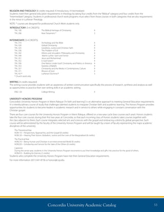 Concordia University Academic Catalog 53
RELIGION AND THEOLOGY (8 credits required; 4 Introductory, 4 Intermediate)
Students meet their general education requirements in theology by taking four credits from the“Biblical”category and four credits from the
“Intermediate”category. Students in professional church work programs must select from those courses in both categories that are also requirements
in the minor in Lutheran Theology.
NOTE: * courses are designed for professional Church Work students only
INTRODUCTORY (3-4 CREDITS)
THL 100	 The Biblical Heritage of Christianity	 4
THL 206	 New Testament *	 3
INTERMEDIATE (3-4 CREDITS)
THL 310	 Archeology and the Bible	 4
THL 320	 Global Christianity	 4
THL 325	 Goodness, Justice and Christian Faith	 4
THL 336	 The Problem of Evil	 4
THL 342	 Athens and Jerusalem: Philosophy and Christianity	 4
THL 344	 Martin Luther: Saint and Sinner	 4
THL 351	 Jesus and Muhammad	 4
THL 352	 Is God Green?	 4
THL 356	 One Nation Under God? Christianity and Politics in America	 4
THL 353 	 Varieties of Beliefs 	 4
THL 357	 Christianity and the Media in Contemporary Culture	 4
THL 371	 Mission of God	 4
THL 431*	 Lutheran Doctrine I*	 3
* Church work only
WRITING (4 credits required)
The writing course provides students with an awareness of written communication-specifically the process of research, synthesis and analysis-as well
as opportunities to practice their own writing skills in an academic setting.
ENG 120	 College Writing	 4
UNIVERSITY HONORS PROGRAM
Concordia’s University Honors Program in litteris fideque (“in faith and learning”) is an alternative approach to meeting General Education requirements.
It is interdisciplinary course of study that challenges talented students to integrate Christian faith and academic learning. The Honors Program provides
opportunities for students to become leaders in academic research and in service to others while engaging in constant conversation with the
Christian gospel.
There are four core courses for the University Honors Program in litteris fideque, offered on a two-year cycle (two courses each year). Honors students
take the four core courses during their first two years at Concordia, so that each incoming class of Honors students takes courses together with
the class adjacent to theirs. Each course integrates selected arts and sciences with the gospel and embracing a distinctly global perspective. Each
course will be administered by the faculty of the University Honors Program and will be taught by a team of faculty representing the major academic
disciplines of the university
The Theoretical Year
HON110 -- Perspectives, Approaches, and the Gospel (8 credits)
HON120 -- Hearing Their Voices: Globalism, Justice and the Lives of the Marginalized (8 credits)
The Practical Year
HON210 -- Being Human and Christian in an Interconnected World (8 credits)
HON220 -- Scholarship and Service for the Sake of the Others (8 credits)
Capstone
During the senior year, students in the University Honors Program reconvene to put their knowledge and gifts into practice for the good of others.
HON410 -- Building for Eternity (2 credits)
Students who complete the University Honors Program have met their General Education requirements.
For more information: (651) 641-8736 or honors@csp.edu
 