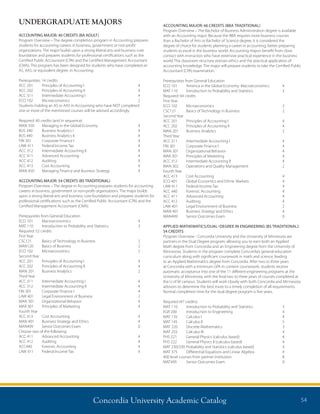 Concordia University Academic Catalog 54
UNDERGRADUATE MAJORS
ACCOUNTING MAJOR: 40 CREDITS (BA ADULT)
Program Overview – The degree completion program in Accounting prepares
students for accounting careers in business, government or non-profit
organizations. The major builds upon a strong liberal arts and business core
foundation and prepares students for professional certifications such as the
Certified Public Accountant (CPA) and the Certified Management Accountant
(CMA). This program has been designed for students who have completed an
AS, AAS, or equivalent degree, in Accounting.
Prerequisites: 14 credits
ACC 201	 Principles of Accounting I	 4
ACC 202	 Principles of Accounting II	 4
ACC 311	 Intermediate Accounting I	 4
ECO 102	 Microeconomics	 2
Students holding an AS or AAS in Accounting who have NOT completed
one or more of the mentioned courses will be advised accordingly.
Required: 40 credits (and in sequence)
MAN 350	 Managing in the Global Economy	 4
BUS 340	 Business Analytics I	 4
BUS 440	 Business Analytics II	 4
FIN 301	 Corporate Finance I	 4
LAW 411	 Federal Income Tax	 4
ACC 312	 Intermediate Accounting II	 4
ACC 411	 Advanced Accounting	 4
ACC 412	 Auditing	 4
ACC 413	 Cost Accounting	 4
MAN 450	 Managing Finance and Business Strategy	 4
ACCOUNTING MAJOR: 54 CREDITS (BS TRADITIONAL)
Program Overview – The degree in Accounting prepares students for accounting
careers in business, government or non-profit organizations. The major builds
upon a strong liberal arts and business core foundation and prepares students for
professional certifications such as the Certified Public Accountant (CPA) and the
Certified Management Accountant (CMA).
Prerequisites from General Education
ECO 101	 Macroeconomics	 4
MAT 110	 Introduction to Probability and Statistics	 3	
Required: 52 credits
First Year
CSC121 	 Basics of Technology in Business 	 2
MAN120	 Basics of Business	 2
ECO 102	 Microeconomics	 2
Second Year
ACC 201	 Principles of Accounting I	 4
ACC 202	 Principles of Accounting II	 4
MAN 201	 Business Analytics	 2
Third Year
ACC 311	 Intermediate Accounting I	 4
ACC 312	 Intermediate Accounting II	 4
FIN 301	 Corporate Finance I	 4
LAW 401	 Legal Environment of Business	 2
MAN 301	 Organizational Behavior	 4
MAR 301	 Principles of Marketing	 4
Fourth Year
ACC 413	 Cost Accounting	 4
MAN 401	 Business Strategy and Ethics	 4
MAN499 	 Senior Outcomes Exam 	 0
Choose two of the following:
ACC 411	 Advanced Accounting	 4
ACC 412	 Auditing	 4
ACC440	 Forensic Accounting	 4
LAW 411	 Federal Income Tax	 4
ACCOUNTING MAJOR: 66 CREDITS (BBA TRADITIONAL)
Program Overview – The Bachelor of Business Administration degree is available
with an Accounting major. Because the BBA requires more business courses
than a Bachelor of Arts or Bachelor of Science degree, it is considered the
degree of choice for students planning a career in accounting, better preparing
students to excel in the business world. Accounting majors benefit from close
contact with instructors who have extensive practical experience in the business
world. The classroom structure stresses ethics and the practical application of
accounting knowledge. The major will prepare students to take the Certified Public
Accountant (CPA) examination.
Prerequisites from General Education
ECO 101	 America in the Global Economy: Macroeconomics	 4
MAT 110	 Introduction to Probability and Statistics	 3
Required: 64 credits
First Year
ECO 102	 Microeconomics	 2
CSC121 	 Basics of Technology in Business 	 2
Second Year
ACC 201	 Principles of Accounting I	 4
ACC 202	 Principles of Accounting II	 4
MAN 201	 Business Analytics	 2
Third Year
ACC 311	 Intermediate Accounting I	 4
FIN 301	 Corporate Finance I	 4
MAN 301	 Organizational Behavior	 4
MAR 301	 Principles of Marketing	 4
ACC 312	 Intermediate Accounting II	 4
MAN 302	 Operations and Quality Management	 2
Fourth Year
ACC 413	 Cost Accounting	 4
ECO 401	 Global Economics and Ethnic Markets	 4
LAW 411	 Federal Income Tax	 4
ACC 440	 Forensic Accounting	 4
ACC 411	 Advanced Accounting	 4
ACC 412	 Auditing	 4
LAW 401	 Legal Environment of Business	 2
MAN 401	 Business Strategy and Ethics	 4
MAN499 	 Senior Outcomes Exam 	 0
APPLIED MATHEMATICS/DUAL–DEGREE IN ENGINEERING (BS TRADITIONAL):
54 CREDITS
Program Overview - Concordia University and the University of Minnesota are
partners in the Dual Degree program, allowing you to earn both an Applied
Math degree from Concordia and an Engineering degree from the University of
Minnesota. Students in the program complete Concordia’s general education
curriculum along with significant coursework in math and science, leading
to an Applied Mathematics degree from Concordia. After two to three years
at Concordia with a minimum GPA in content coursework, students receive
automatic acceptance into one of the 11 different engineering programs at the
University of Minnesota, with the final two to three years of courses completed at
the U of M campus. Students will work closely with both Concordia and Minnesota
advisors to determine the best route to a timely completion of all requirements.
Normal completion time for the dual degree program is five years.
Required (47 credits)
MAT 110	 Introduction to Probability and Statistics	 3
EGR 200	 Introduction to Engineering	 4
MAT 135	 Calculus I	 4
MAT 145	 Calculus II	 5
MAT 220	 Discrete Mathematics	 3
MAT 255	 Calculus III	 4
PHS 221	 General Physics (calculus based)	 4
PHS 222	 General Physics II (calculus based)	 4
MAT 230/330	Probability and Statistics (calculus based)	 4
MAT 375	 Differential Equations and Linear Algebra	 4
400 level courses from partner institution	 8
MAT499 	 Senior Outcomes Exam 	 0
 