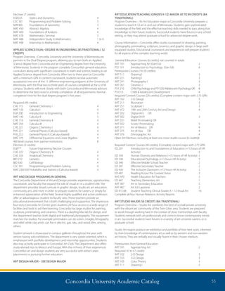 Concordia University Academic Catalog 55
Electives (7 credits)
EGR225 	 Statics and Dynamics 	 4
CSC 301	 Programming and Problem Solving	 3
MAT305	 Foundations of Geometry	 3
MAT 450	 Abstract Algebra	 4
MAT 460	 Foundations of Analysis	 4
MAT 478	 Mathematics Seminar	 3
MAT 488	 Independent Study in Mathematics	 1 to 4
MAT 498	 Internship in Mathematics	 4
APPLIED SCIENCE/DUAL–DEGREE IN ENGINEERING (BS TRADITIONAL): 52
CREDITS
Program Overview - Concordia University and the University of Minnesota are
partners in the Dual Degree program, allowing you to earn both an Applied
Science degree from Concordia and an Engineering degree from the University
of Minnesota. Students in the program complete Concordia’s general education
curriculum along with significant coursework in math and science, leading to an
Applied Science degree from Concordia. After two to three years at Concordia
with a minimum GPA in content coursework, students receive automatic
acceptance into one of the 11 different engineering programs at the University of
Minnesota, with the final two to three years of courses completed at the U of M
campus. Students will work closely with both Concordia and Minnesota advisors
to determine the best route to a timely completion of all requirements. Normal
completion time for the dual degree program is five years.
Required (49 credits)
CHE 115	 General Chemistry I	 4
MAT 135	 Calculus I	 4
EGR 200	 Introduction to Engineering	 4
MAT 145	 Calculus II	 5
CHE 116	 General Chemistry II	 4
MAT 255	 Calculus III	 4
CHE 221	 Organic Chemistry I	 4
PHS 221	 General Physics (Calculus-based)	 4
PHS 222	 General Physics II (Calculus-based)	 4
MAT 375	 Differential Equations and Linear Algebra 	 4
400 level courses from partner institutions	 8
Electives (3 credits)
EGR***	 Future Engineering Elective Courses
CHE 222	 Organic Chemistry II	 4
CHE 326	 Analytical Chemistry	 4
BIO 210	 Genetics	 4
BIO 330	 Cell Biology	 4
CSC 301	 Programming and Problem Solving	 4
MAT 230/330	Probability and Statistics (Calculus-based)	 4
ART AND DESIGN PROGRAMS IN GENERAL
The Concordia Department of Art and Design provides experiences, opportunities,
coursework, and faculty that expand the role of visual art in a student’s life. The
department provides broad curricula in graphic design, studio art, art education,
community arts, and more in order to prepare students for careers, or simply for
enhanced appreciation of the field. Several highly qualified and active professors
offer an advantageous student-to-faculty ratio. These teachers provide an
educational environment that is both challenging and supportive. The impressive
four-story Concordia Art Center gives students 24-hour access to a wide range of
facilities and tools to aid their learning. Concordia has large studios for painting,
sculpture, printmaking, and ceramics. There is a dazzling Mac lab for design, and
the department teaches both digital and traditional photography. The equipment
matches the studios. For example printmakers can do screen, intaglio, lithography
and relief; while clay artists can fire in electric, gas, raku, and wood kilns, among
others.
Student artwork is showcased in campus galleries throughout the year, with
seniors having solo exhibitions. The department is very career-oriented, which is
emphasized with portfolio development and internship opportunities. Students
also may actively participate in Concordia’s Art Club. The Department also offers
study-abroad trips to Mexico and Europe. With the richness of their experiences
Concordia’s art and design students are very successful with either career
placements or pursuing further education.
ART DESIGN MAJOR – SEE DESIGN MAJOR
ART EDUCATION/TEACHING (GRADES K-12) MAJOR: 85 TO 89 CREDITS (BA
TRADITIONAL)
Program Overview – An Art Education major at Concordia University prepares a
student to teach K-12 art in and out of Minnesota. Students gain sophisticated
knowledge of the field and the effective teaching skills needed to pass along that
knowledge to their future students. Successful students have futures in any school
setting, or they may attend graduate school for advanced degree work.
Course Information – Concordia offers studio coursework in drawing, painting,
photography, printmaking, sculpture, ceramics, and graphic design in large well-
equipped studios. Educational coursework and experiences will prepare students
for all aspects of the complex teaching world.
General Education Courses (6 credits) not counted in totals:
ART 101 	 Approaching Art (Gen Ed)	 2
PSY 101 	 Introduction to Psychology (Gen Ed)	 4
Prerequisite Courses (16-20 credits)	
ART 111 	 Drawing I 	 3
ART 221	 Painting I	 3
ART 241	 Photography I 	 3
ART 261 	 Ceramics I	 3
PSY 210	 Child Psychology and PSY 220 Adolescent Psychology OR	 8
PSY215	 Child  Adolescent Development	 4
Required Content Courses (29 credits): (Complete content major with 2.75 GPA)
ART 102 	 2-D Design	 3
ART 211 	 Illustration 	 3
ART 251 	 Sculpture I	 3
ART 472	 19th and 20th Century Art and Design	 4
ART 202	 Digital Art I OR
ART 302	 Digital Art II	 3
ART 331	 Relief Printmaking OR
ART 332	 Screen Printmaking	 3
ART 371	 Art of Mexico OR 	 4
ART 375	 Art of Asia OR	 4
ART 376	 Ethnographic Art	 4
Open Art Electives: including at least one more studio course (6 credits)6
Required Content Courses (40 credits): (Complete content major with 2.75 GPA)	
ED 201	Introduction to and Foundations of Education (+15 hours of HR
Activity)	3
ED 330	 Human Diversity and Relations (+15 hours of HR Activity)	 2
ED 336 	 Educational Psychology (+15 hours HR Activity) 	 3
ED 346	 Effective Middle School Teacher 	 2
ED 347 	 Effective Secondary Teacher	 2
ED 439 	 The Inclusive Classroom (+15 hours HR Activity) 	 2
ED 487 	 Reading Across the Content Areas	 3
KHS 470	 Health Education for Teachers	 2
ED 447 	 Teaching Elementary Art 	 1
ART 387 	 Art in Secondary Education 	 2
ART 487 	 Art Ed Capstone	 2
ED 472.08	 Student Teaching Clinical Grades K – 12 Visual Art	 16
Complete all four Human Relations Activity Reports
ART STUDIO MAJOR: 56 CREDITS (BA TRADITIONAL)
Program Overview – Studio Art combines the best of a small private university
with the vibrant art community of the Twin Cities area. Students are prepared
to excel through working hard in the context of close mentorships with faculty.
Students network with art professionals and come to know contemporary trends
in art. Successful students have futures in a variety of art-centered careers, or in
graduate school.
Studio Art majors produce an exhibition and portfolio of their best work, informed
by their knowledge of contemporary art as well as by western and non-western
art history. They are verbally and visually fluent in their chosen medium.
Prerequisites from General Education
ART 101	 Approaching Art	 2
Required: 43 to 47 credits
ART 102	 2-D Design	 3
ART 103	 3-D Design	 3
ART 105	 Color Theory	 3
ART 111	 Drawing I	 3
 