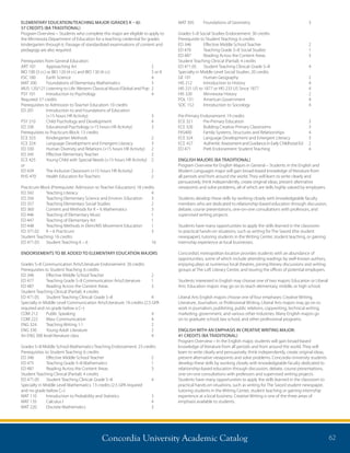 Concordia University Academic Catalog 62
ELEMENTARY EDUCATION/TEACHING MAJOR (GRADES K – 6):
57 CREDITS (BA TRADITIONAL)
Program Overview – Students who complete this major are eligible to apply to
the Minnesota Department of Education for a teaching credential for grades
kindergarten through 6. Passage of standardized examinations of content and
pedagogy are also required.
Prerequisites from General Education
ART 101 	 Approaching Art 	 2
BIO 100 (3 cr.) or BIO 120 (4 cr.) and BIO 130 (4 cr.) 	 3 or 8
ESC 160	 Earth Science	 4
MAT 200	 Foundations of Elementary Mathematics	 3
MUS 120/121	Listening to Life: Western Classical Music/Global and Pop	 2
PSY 101	 Introduction to Psychology	 4
Required: 57 credits
Prerequisites to Admission to Teacher Education: 10 credits
ED 201 	Introduction to and Foundations of Education
(+15 hours HR Activity)	 3
PSY 210 	 Child Psychology and Development 	 4
ED 336 	 Educational Psychology (+15 hours HR Activity) 	 3
Prerequisites to Practicum Block: 13 credits
ECE 323	 Kindergarten Methods	 2
ECE 324	 Language Development and Emergent Literacy	 3
ED 330 	 Human Diversity and Relations (+15 hours HR Activity)	 2
ED 345 	 Effective Elementary Teacher 	 2
ECE 425	 Young Child with Special Needs (+15 hours HR Activity)	 2
or
ED 439	 The Inclusive Classroom (+15 hours HR Activity)	 2
KHS 470 	 Health Education for Teachers 	 2
Practicum Block (Prerequisite: Admission to Teacher Education): 18 credits
ED 342 	 Teaching Literacy	 4
ED 356 	 Teaching Elementary Science and Environ. Education 	 3
ED 357 	 Teaching Elementary Social Studies 	 2
ED 360 	 Content and Methods for K – 6 Mathematics	 3
ED 446 	 Teaching of Elementary Music 	 1
ED 447 	 Teaching of Elementary Art 	 1
ED 448 	 Teaching Methods in Elem/MS Movement Education 	 1
ED 371.02 	 K – 6 Practicum 	 3
Student Teaching: 16 credits
ED 471.03 	 Student Teaching K – 6 	 16
ENDORSEMENTS TO BE ADDED TO ELEMENTARY EDUCATION MAJORS
Grades 5–8 Communication Arts/Literature Endorsement: 26 credits
Prerequisites to Student Teaching: 6 credits
ED 346	 Effective Middle School Teacher	 2
ED 477	 Teaching Grade 5–8 Communication Arts/Literature	 1
ED 487	 Reading Across the Content Areas	 3
Student Teaching Clinical (Partial): 4 credits
ED 471.05	 Student Teaching Clinical: Grade 5–8	 4
Specialty in Middle Level Communication Arts/Literature: 16 credits (2.5 GPA
required and no grade below a C–)
COM 212	 Public Speaking	 4
COM 222	 Mass Communication	 4
ENG 324	 Teaching Writing 1:1	 2
ENG 330	 Young Adult Literature	 2
An ENG 300 level literature class	 4
Grades 5–8 Middle School Mathematics Teaching Endorsement: 23 credits
Prerequisites to Student Teaching: 6 credits
ED 346	 Effective Middle School Teacher	 2
ED 475	 Teaching Grade 5–8 Mathematics	 1
ED 487	 Reading Across the Content Areas	 3
Student Teaching Clinical (Partial): 4 credits
ED 471.05	 Student Teaching Clinical: Grade 5–8	 4
Specialty in Middle Level Mathematics: 13 credits (2.5 GPA required
and no grade below C–)
MAT 110	 Introduction to Probability and Statistics	 3
MAT 135	 Calculus I	 4
MAT 220	 Discrete Mathematics	 3
MAT 305	 Foundations of Geometry	 3
Grades 5–8 Social Studies Endorsement: 30 credits
Prerequisite to Student Teaching: 6 credits
ED 346	 Effective Middle School Teacher	 2
ED 476	 Teaching Grade 5–8 Social Studies	 1
ED 487	 Reading Across the Content Areas	 3
Student Teaching Clinical (Partial): 4 credits
ED 471.05	 Student Teaching Clinical: Grade 5–8	 4
Specialty in Middle Level Social Studies: 20 credits
GE 101	 Human Geography	 2
HIS 212	 Introduction to History	 4
HIS 231 US to 1877 or HIS 233 US Since 1877	 4
HIS 320	 Minnesota History	 2
POL 131	 American Government	 4
SOC 152	 Introduction to Sociology	 4
Pre-Primary Endorsement: 19 credits
ECE 321 	 Pre-Primary Education 	 3
ECE 326 	 Building Creative Primary Classrooms 	 3
FAS400 	 Family Systems, Structures and Relationships 	 4
ECE 324 	 Language Development and Emergent Literacy 	 3
ECE 427 	 Authentic Assessment and Guidance in Early Childhood Ed 	 2
ED 471 	 PreK Endorsement Student Teaching 	 4
ENGLISH MAJORS (BA TRADITIONAL)
Program Overview for English Majors in General – Students in the English and
Modern Languages major will gain broad-based knowledge of literature from
all periods and from around the world. They will learn to write clearly and
persuasively, think independently, create original ideas, present alternative
viewpoints and solve problems, all of which are skills highly valued by employers.
Students develop these skills by working closely with knowledgeable faculty
members who are dedicated to relationship-based education through discussion,
debate, course presentations, one-on-one consultations with professors, and
supervised writing projects.
Students have many opportunities to apply the skills learned in the classroom
to practical hands-on situations, such as writing for The Sword (the student
newspaper), tutoring students in the Writing Center, student teaching, or gaining
internship experience at local businesses.
Concordia’s metropolitan location provides students with an abundance of
opportunities, some of which include attending readings by well-known authors,
enjoying plays at numerous local theatres, joining literary discussions and writing
groups at The Loft Literary Center, and touring the offices of potential employers.
Students interested in English may choose one of two majors: Education or Liberal
Arts. Education majors may go on to teach elementary, middle, or high school.
Liberal Arts English majors choose one of four emphases: Creative Writing,
Literature, Journalism, or Professional Writing. Liberal Arts majors may go on to
work in journalism, publishing, public relations, copywriting, technical writing,
marketing, government, and various other industries. Many English majors go
on to graduate school, law school, and other professional programs.	
ENGLISH WITH AN EMPHASIS IN CREATIVE WRITING MAJOR:
41 CREDITS (BA TRADITIONAL)
Program Overview – In the English major, students will gain broad-based
knowledge of literature from all periods and from around the world. They will
learn to write clearly and persuasively, think independently, create original ideas,
present alternative viewpoints and solve problems. Concordia University students
develop these skills by working closely with knowledgeable faculty dedicated to
relationship-based education through discussion, debate, course presentations,
one-on-one consultations with professors and supervised writing projects.
Students have many opportunities to apply the skills learned in the classroom to
practical hands-on situations, such as writing for The Sword student newspaper,
tutoring students in the Writing Center, student teaching or gaining internship
experience at a local business. Creative Writing is one of the three areas of
emphasis available to students.
 