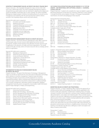 Concordia University Academic Catalog 67
HOSPITALITY MANAGEMENT MAJOR: 40 CREDITS (BA ADULT; ONLINE ONLY)
Program Overview – The Hospitality Management major consists of 40 credit
hours and is offered fully online. The online Hospitality Management degree is
designed for busy adult students who are interested in obtaining their degree and
require the flexibility of attending class on their schedule. The online Hospitality
Management degree program combines the building blocks of customer service,
management and marketing with the practical tools that students need to
succeed in the hospitality, leisure, tourism and travel industry.
Required: 40 credits (and in sequence)
MKM 311	 Innovation and Complex Systems	 4
MKM 321	 Marketing Innovation	 4
MKM 330	 Integrated Marketing Communication	 4
MKM 350	 Interactive and Mobile Marketing	 4
MKM 411	 Applied Business Ethics	 4
HSM 400	 Hospitality Human Resources: Managing	 4
HSM 410	 Hospitality Law and Legal Issues	 4
MKM 431	 Applied Accounting and Finance	 4
MKM 441	 Marketing Strategy	 4
MKM 480	 Business Plan	 4
HUMAN RESOURCE MANAGEMENT MAJOR: 40 CREDITS (BA ADULT)
Program Overview – The Human Resource Management major offers a practical
and thorough study of human resource skills required by human resource
practitioners. Students receive training in key skill areas of human resources and
its application to the dynamics of today’s and future organizations. The overall
context of the plan of study centers on human resources’role as a strategic partner
within its organization.
Required: 40 credits (and in sequence)
HRM 310	 Managing in Organizations	 4
HRM 320	 Advanced Human Resource Management	 4
HRM 325	 Survey and Research Methods	 4
HRM 350	 Legal Issues in Human Resources	 4
HRM 352	 Staffing the Organization	 4
HRM 353	 Compensation  Benefits Systems	 4
HRM 410	 Organizational Development and Change	 4
HRM 470	 Strategic Human Resources	 4
HRM 435	 Business and Personal Ethics	 4
HRM 440	 Human Resources Plan	 4
INFORMATION TECHNOLOGY IN MANAGEMENT MAJOR:
40 CREDITS (BA ADULT)
Program Overview – The goal of the Information Technology in Management
major is to provide an opportunity for a focused study of information technology
and its relevancy in business management. Students study Information
Technology principles and processes and their application to social and
organizational problems. When combined with professional experiences, this
major can equip students for entry-level or advancement in professional fields
such as project management, information systems management, database
management, financial systems management, cloud analyst, Health Information
Systems Project Manager or Analyst, and programming.
Required: 40 credits (and in sequence)
ITM 312	 Harnessing Personal Innovation	 4
ITM 351	 Bridging the Technology – Business Gap	 4
ITM 325	 Business Management for Information Technology	 4
ITM 421	 Business Strategy and Technology Innovation	 4
ITM 342	 Project and Lifecycle Management	 4
ITM 410	 Business-Driven Information Systems and Security	 4
ITM 420	 Applied Systems Analysis and Design	 4
ITM 425	 Data Management for Intelligent Business	 4
ITM 435	 Business Ethics for Information Technology	 4
ITM 440	 Applied Research Project	 4
LIFE SCIENCE EDUCATION/TEACHING MAJOR (GRADES 9-12): 79 TO 90
CREDITS - (BA TRADITIONAL) WITH OPTIONAL GRADES 5 – 8 GENERAL
SCIENCE ADD-ON
Program Overview – Students who complete this major are eligible to apply to the
Minnesota Department of Education for a teaching credential in science (grades
5 through 8) and life science (grades 9 through 12). Passage of standardized
examinations of content and pedagogy are also required.
Prerequisites from General Education:
BIO 120	 Biology I: The Unity of Life 	 4
CHE 115	 General Chemistry 	 4
MAT 125	 Pre-Calculus or MAT 135 Calculus I	 4
PSY 101	 Introduction to Psychology 	 4
Grade 9 – 12 Life Science Teaching Content Major: 40 credits
Complete content major with 2.75 GPA
BIO 130	 Biology II: The Diversity of Life 	 4
BIO 210	 Genetics 	 4
BIO 220	 Plant Biology	 4	
BIO 230	 Animal Biology and Physiology	 4
BIO 300	 Microbiology 	 4
BIO 330	 Molecular Cell Biology 	 4
BIO 455	 Research Proposal 	 1
BIO 456	 Research in Biology 	 4
CHE 116 	 General Chemistry II 	 4
MAT110	 Introduction to Probability and Statistics	 3
or
MAT 330	 Probability and Statistics 	 4	
Grades 5 – 8 General Science add-on (optional): 11 credits
ED 346 	 Effective Middle School Teacher	 2
ED 478 	 Teaching Grades 5 – 8 Science	 1
ESC 320	 Physical Geology 	 4
ESC 340	 Astronomy 	 4
Prerequisites to Admission to Teacher Education: 10 credits
ED 201 	 Introduction to and Foundations of Education
	 (+15 hours HR Activity) 	 3
PSY 220 	 Adolescent Psychology 	 4
ED 336 	 Educational Psychology (+15 hours HR Activity) 	 3
Prerequisites to Student Teaching: 13 credits
Complete content major with 2.75 GPA
Complete all four Human Relations Activity Reports
ED 330 	 Human Diversity and Relations (+15 hours HR Activity) 	 2
ED 347 	 Effective Secondary Teacher	 2
ED 353 	 Teaching Grades 9 –12 Science 	 2
ED 439 	 The Inclusive Classroom (+15 hours HR Activity) 	 2
ED 487 	 Reading Across the Content Areas 	 3
KHS 470	 Health Education for Teachers 	 2
* ED 346 	 Effective Middle School Teacher (Gr. 5 – 8 option)	 2
* ED 478 	 Teaching Grades 5 – 8 Science (Gr. 5 – 8 option) 	 1
Student Teaching: 16 credits
ED 472.11	 Student Teaching Grades 9 – 12 Life Science	 16 
MARKETING MAJOR: 44 CREDITS (BA TRADITIONAL)
Program Overview – A major in Marketing offers students the opportunity to
develop practical skills and knowledge that will be directly applicable to the
business world upon graduation. Students learn marketing theory and apply
concepts in activities such as electronic commerce, direct marketing, advertising,
sales presentations, case analysis and marketing plans. These activities expose
students to the practical, challenging and interesting projects and situations they
will encounter in their careers. Students develop leadership skills and explore
ethics and environmental sustainability.
Students who find fulfillment in this area of study are creative, enjoy problem-
solving, have solid written and oral communication skills, enjoy teamwork, are
persuasive communicators and thrive in a deadline-driven environment. Those
working in this field also typically have a willingness to learn and explore new
ideas as industry trends evolve.
Prerequisites (7 credits):
ECO 101 	 Macroeconomics	 4
MAT 110 	 Intro to Probability  Statistics	 3
Required Courses (36 credits):
 