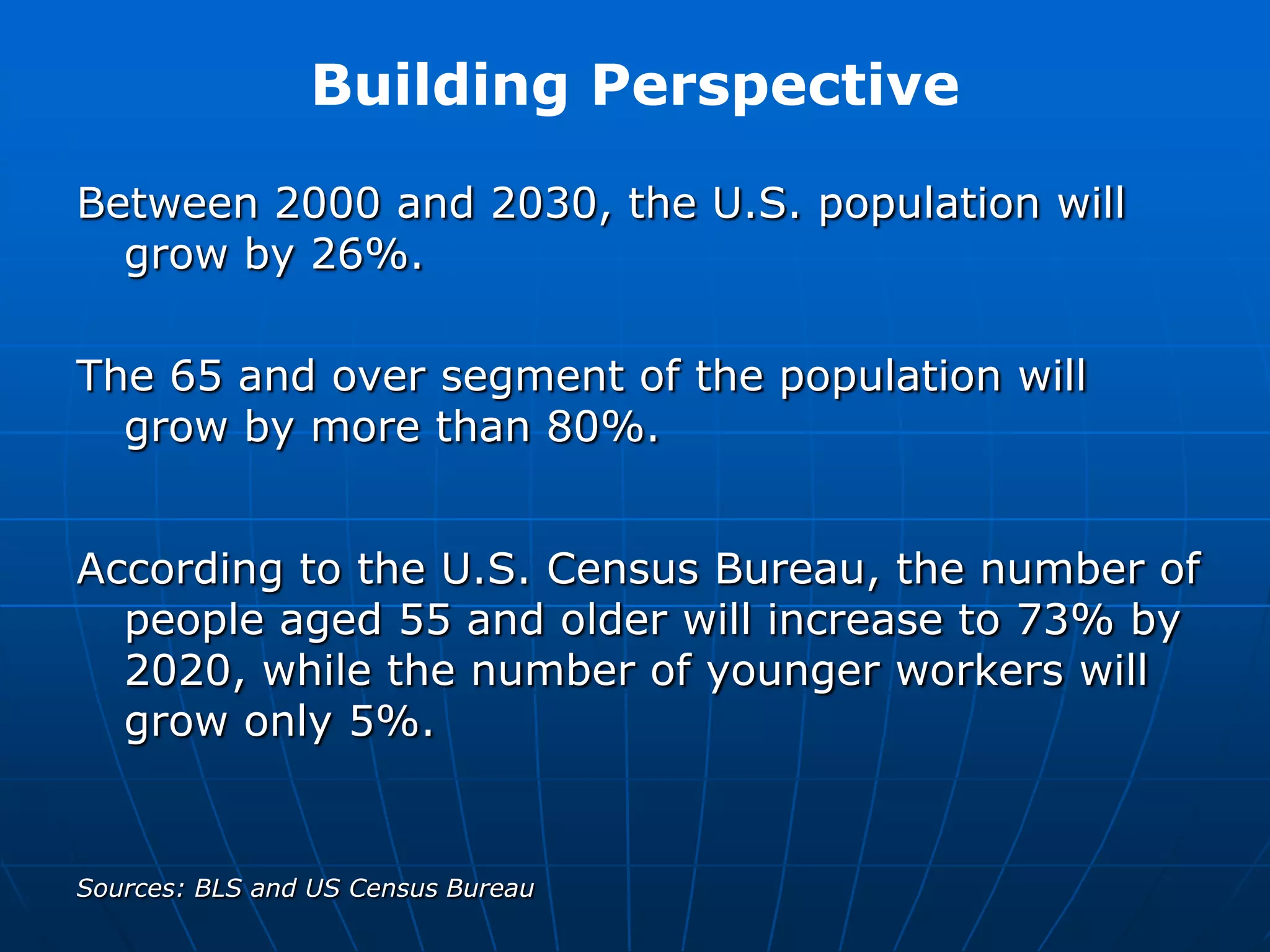 Building PerspectiveBetween 2000 and 2030, the U.S. population will grow by 26%.  The 65 and over segment of the population will grow by more than 80%.According to the U.S. Census Bureau, the number of people aged 55 and older will increase to 73% by 2020, while the number of younger workers will grow only 5%.Sources: BLS and US Census Bureau