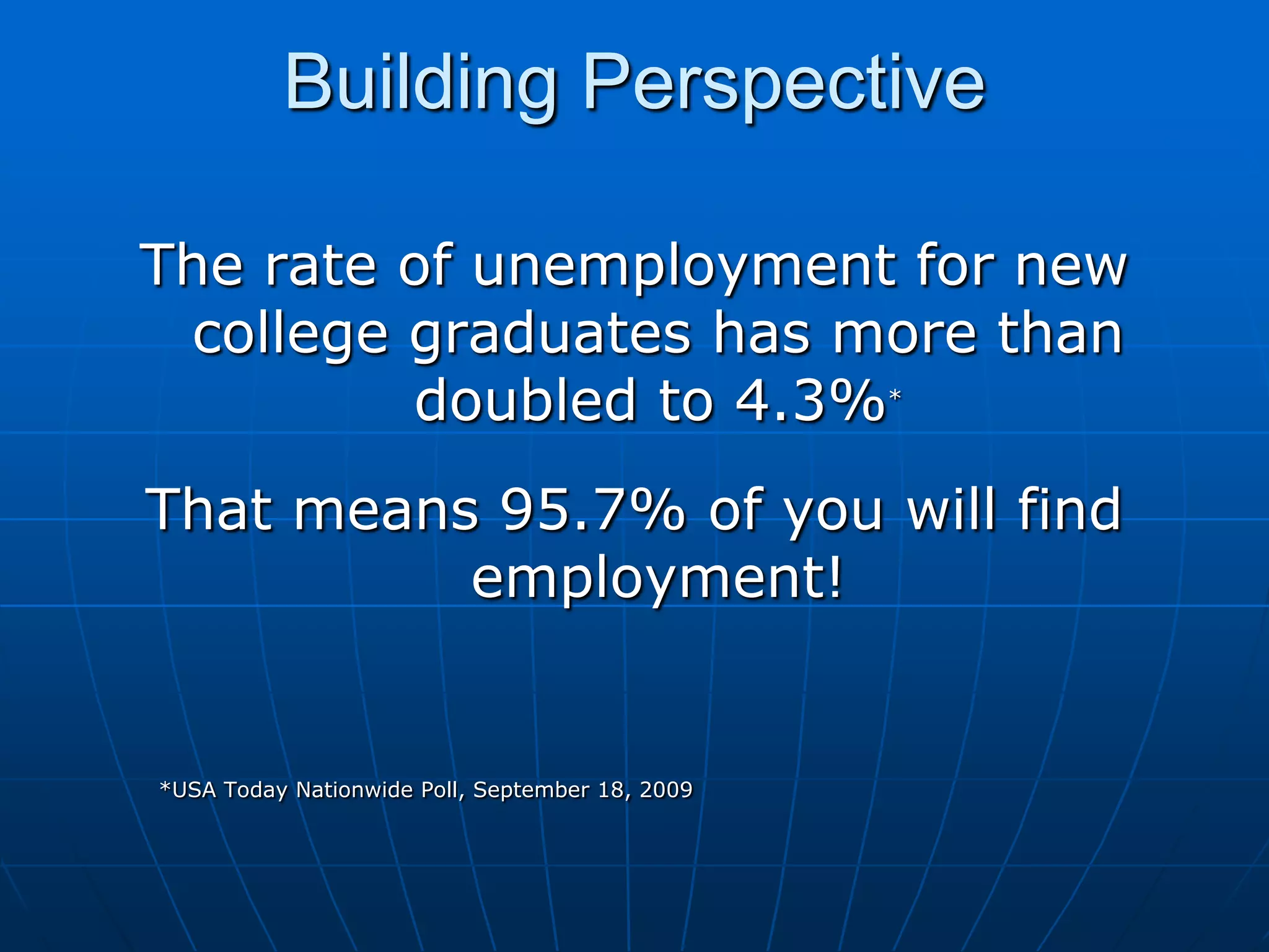 Building PerspectiveThe rate of unemployment for new college graduates has more than doubled to 4.3%*That means 95.7% of you will find employment!           *USA Today Nationwide Poll, September 18, 2009