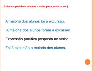 Coletivos partitivos (metade, a maior parte, maioria, etc.)
A maioria dos alunos foi à excursão.
A maioria dos alunos foram à excursão.
Expressão partitiva posposta ao verbo:
Foi à excursão a maioria dos alunos.
 