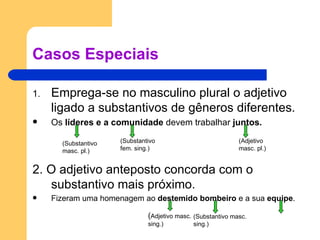 Casos Especiais Emprega-se no masculino plural o adjetivo ligado a substantivos de gêneros diferentes. Os  líderes e a comunidade  devem trabalhar  juntos. 2. O adjetivo anteposto concorda com o substantivo mais próximo. Fizeram uma homenagem ao  destemido bombeiro  e a sua  equipe . (Substantivo masc. pl.) (Substantivo fem. sing.) (Adjetivo masc. pl.) ( Adjetivo masc. sing.) (Substantivo masc. sing.) 