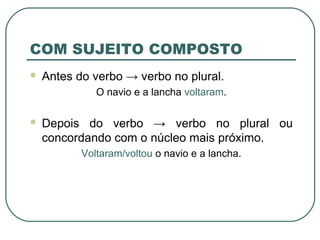 COM SUJEITO COMPOSTO
 Antes do verbo → verbo no plural.
O navio e a lancha voltaram.
 Depois do verbo → verbo no plural ou
concordando com o núcleo mais próximo.
Voltaram/voltou o navio e a lancha.
 
