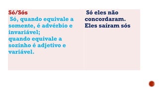 Só/Sós
Só, quando equivale a
somente, é advérbio e
invariável;
quando equivale a
sozinho é adjetivo e
variável.
Só eles não
concordaram.
Eles saíram sós
 