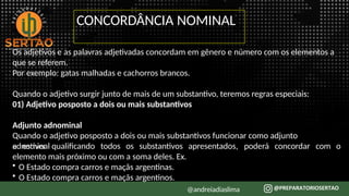 CONCORDÂNCIA NOMINAL
@andreiadiaslima
Os adjetivos e as palavras adjetivadas concordam em gênero e número com os elementos a
que se referem.
Por exemplo: gatas malhadas e cachorros brancos.
Quando o adjetivo surgir junto de mais de um substantivo, teremos regras especiais:
01) Adjetivo posposto a dois ou mais substantivos
Adjunto adnominal
Quando o adjetivo posposto a dois ou mais substantivos funcionar como adjunto
adnominal apresentados, poderá concordar com o
e estiver qualificando todos os substantivos
elemento mais próximo ou com a soma deles. Ex.
• O Estado compra carros e maçãs argentinas.
• O Estado compra carros e maçãs argentinos.
 