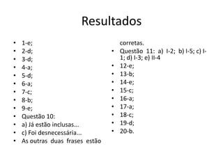 Resultados
•
•
•
•
•
•
•
•
•
•
•
•
•

1-e;
2-d;
3-d;
4-a;
5-d;
6-a;
7-c;
8-b;
9-e;
Questão 10:
a) Já estão inclusas...
c) Foi desnecessária...
As outras duas frases estão

•
•
•
•
•
•
•
•
•
•

corretas.
Questão 11: a) I-2; b) I-5; c) I1; d) I-3; e) II-4
12-e;
13-b;
14-e;
15-c;
16-a;
17-a;
18-c;
19-d;
20-b.

 
