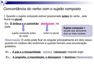 Concordância do verbo com o sujeito composto I. Quando o sujeito composto estiver posicionado  antes  do verbo , este ficará no  plural . Ex.:  O ônibus e o caminhão   deslizaram   na pista. sujeito composto antes do verbo verbo no plural Observação : O verbo pode ficar no singular principalmente em dois casos: quando os núcleos são sinônimos e quando formam uma enumeração gradativa. Ex . 1 :  A paz e a tranquilidade   reinava   ( reinavam ) naquele lugar. Ex. 2 :  A angústia, a inquietação, o desespero   o  dominou  ( dominaram ). Sujeito composto  é aquele que apresenta dois ou mais núcleos. 