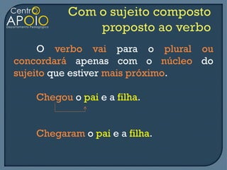 O verbo vai para o plural ou
concordará apenas com o núcleo do
sujeito que estiver mais próximo.

   Chegou o pai e a filha.


   Chegaram o pai e a filha.
 