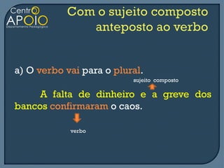 a) O verbo vai para o plural.
                          sujeito composto

     A falta de dinheiro e a greve dos
bancos confirmaram o caos.

            verbo
 
