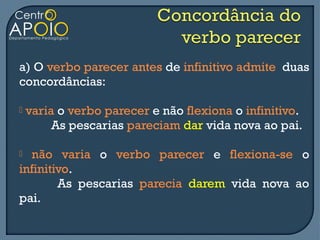 a) O verbo parecer antes de infinitivo admite duas
concordâncias:

   varia o verbo parecer e não flexiona o infinitivo.
         As pescarias pareciam dar vida nova ao pai.

 não varia o verbo parecer e flexiona-se o
infinitivo.
        As pescarias parecia darem vida nova ao
pai.
 