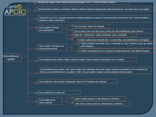Núcleos do sujeito forem ligados pela preposição “com”, o verbo irá para o plural.


               Verbo transitivo direto ou transitivo direto e indireto aparece apassivado pelo pronome se, concorda com o se sujeito.


                Verbo fica na 3ª do singular quando a indeterminação do sujeito é marcada pelo pronome se com verbo transitivo
                indireto e verbo intransitivo.

                                                     Um ou outro: verbo no singular.
                Com sujeito formado
                por expressões
                                                     Um e outro, nem um nem outro: verbo vai, de preferência, para o plural.
                                                     Mais de , menos de – verbo concorda com o numeral .

                                                         A maior parte de (a maioria de) – o verbo fica , de preferência, no singular.
                                                            Verbo poderá concordar com o numeral ou com o termo a que se refere a
                Com sujeito formado por                     porcentagem.
                número percentual
                                                            Verbo concordará com o numeral, se este aparecer com determinantes.

Concordância
   verbal       Concordância dos verbos faltar, sobrar e bastar. Esses verbos concordam com o sujeito.



                 Concordância dos verbos dar, soar e bater. Na indicação de horas, esses verbos concordam com o número de
                 horas, que normalmente é o sujeito. A não ser que sejam usadas outras palavras como sujeito.



                Concordância dos verbos impessoais, ficam na 3ª pessoa do singular.




                Concordância do verbo ser

                                                     varia o verbo parecer e não flexiona o infinitivo.
                Concordância do
                verbo parecer
                                                      não varia o verbo parecer e flexiona-se o infinitivo.
 